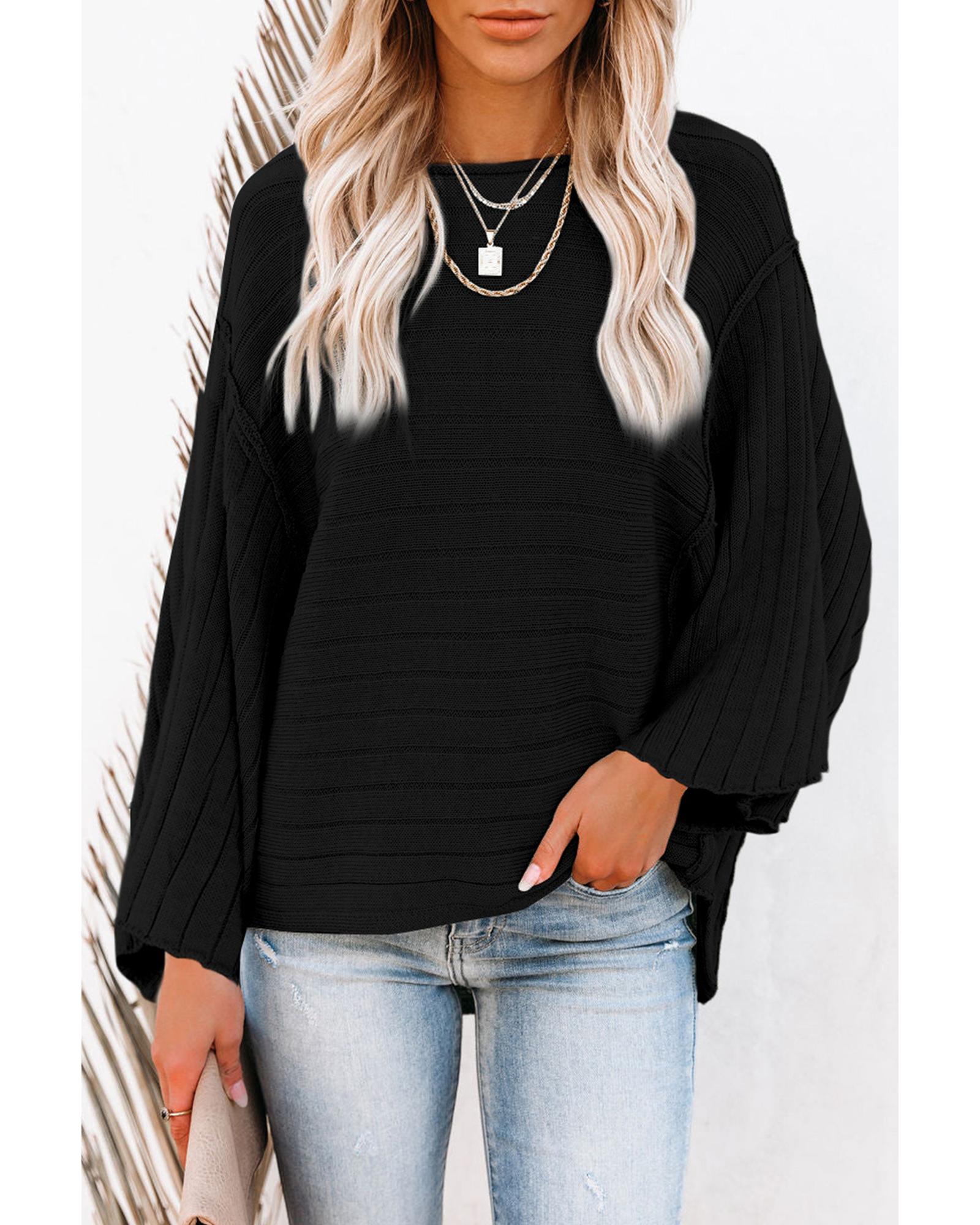 V539-AZEXDC2723218-2-M-202508281020-03 Black Exposed Seam Ribbed Knit Dolman Top - M - Image 4