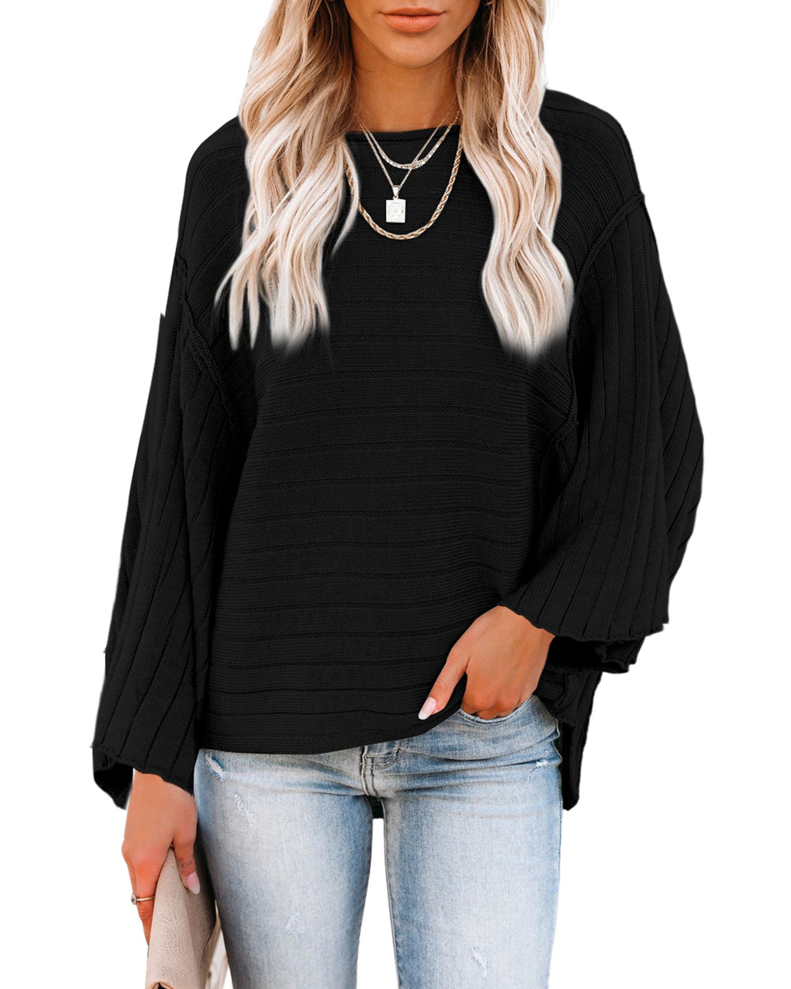 V539-AZEXDC2723218-2-S-202506132245-01 Black Exposed Seam Ribbed Knit Dolman Top - S - Image 2