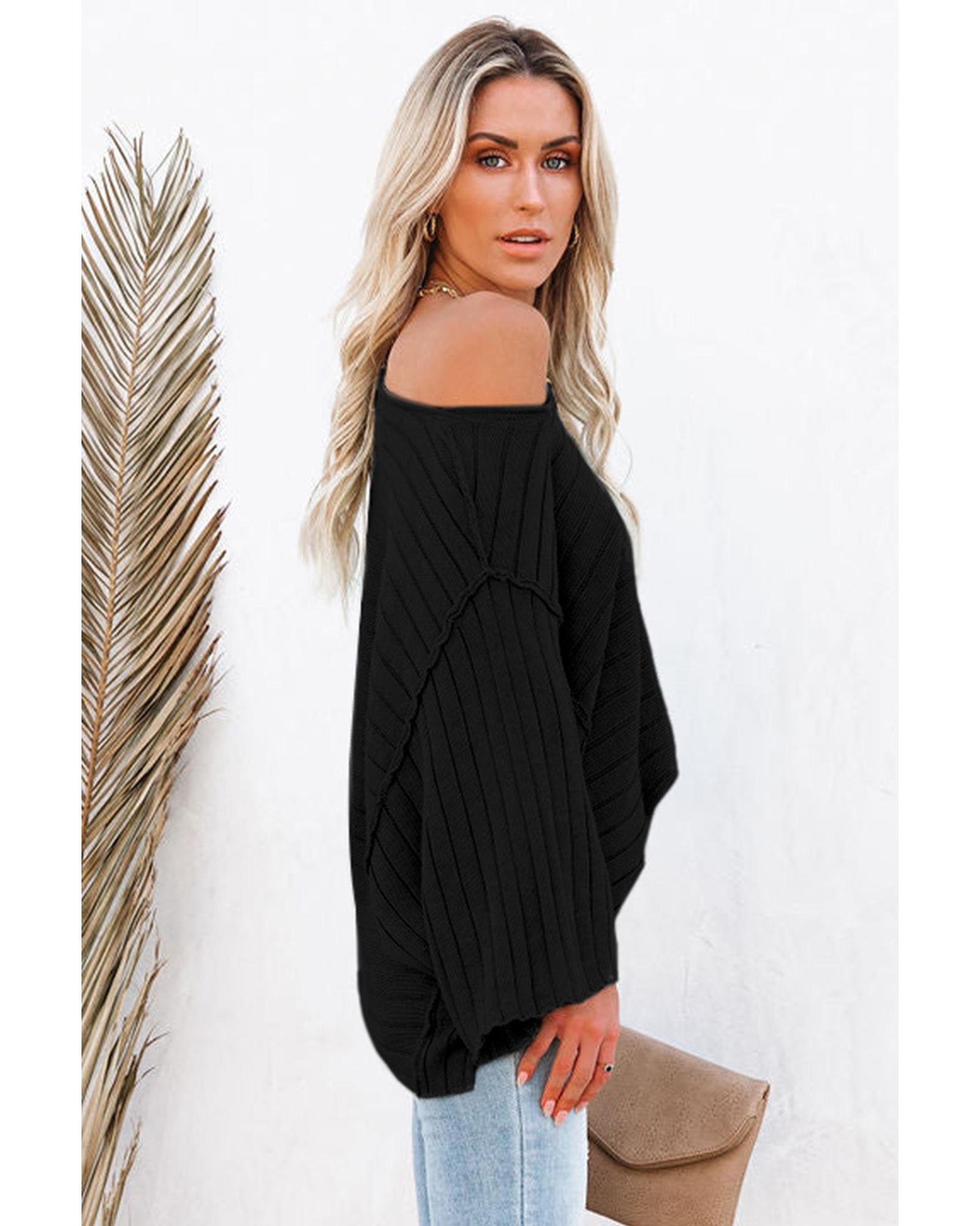 V539-AZEXDC2723218-2-S-202506132245-02 Black Exposed Seam Ribbed Knit Dolman Top - S - Image 3
