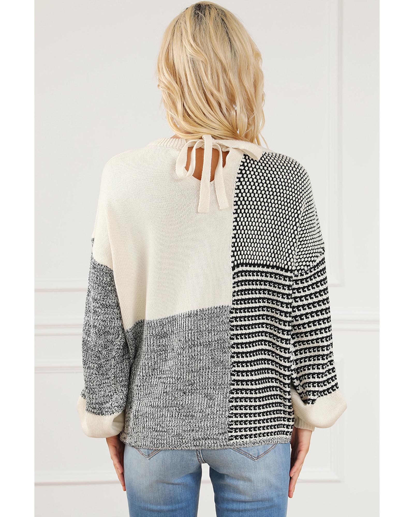 V539-AZEXDC2723462-2-L-202506132341-01 Black Neutral Colorblock Tie Back Sweater - L - Image 2