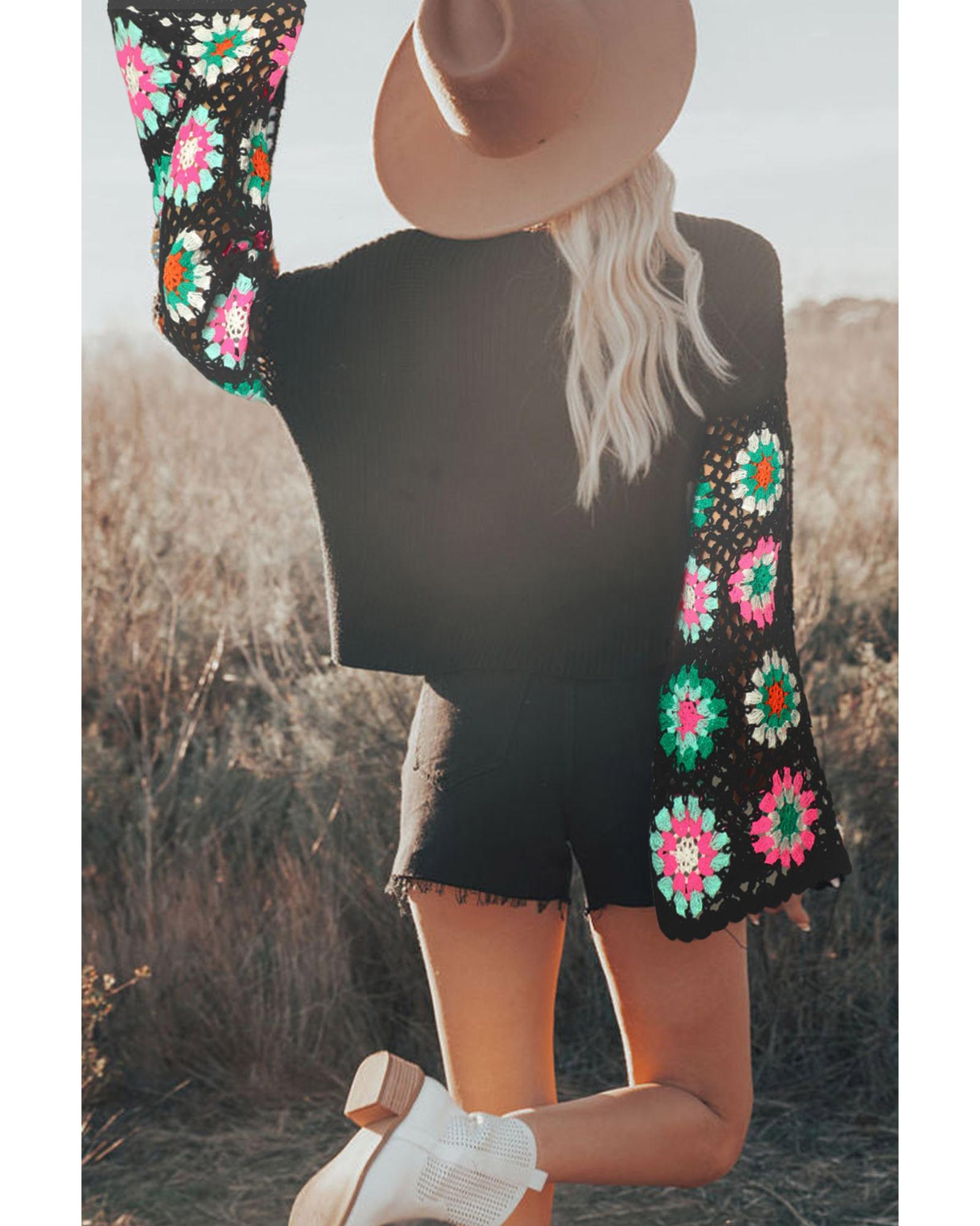 V539-AZEXDC2723676-2-L-202508300100-01 Black Floral Crochet Bell Sleeve Loose Sweater - L - Image 2