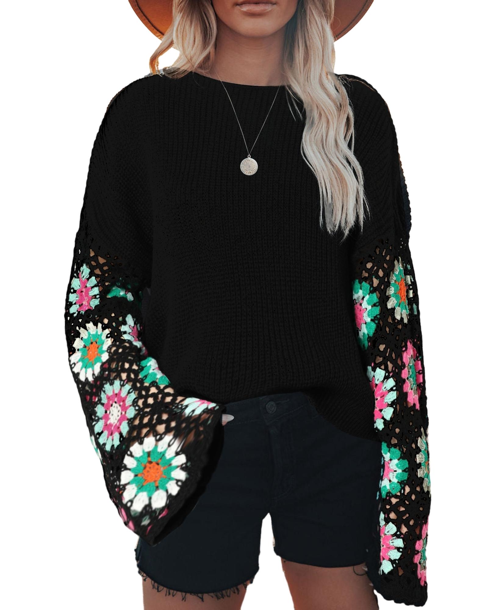 V539-AZEXDC2723676-2-M-202508300230-01 Black Floral Crochet Bell Sleeve Loose Sweater - M - Image 2
