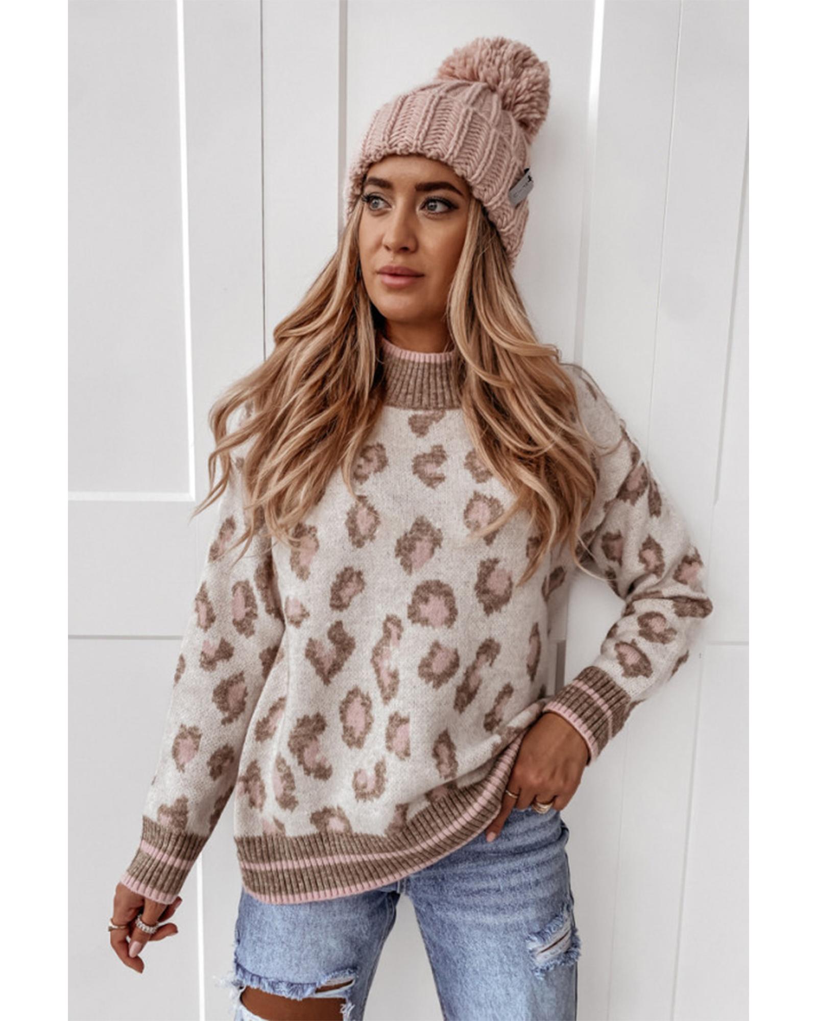 V539-AZEXDC2723742-P17-L-202508281520-03 Brown Two-tone Ribbed Trim Contrast Leopard Sweater - L - Image 4