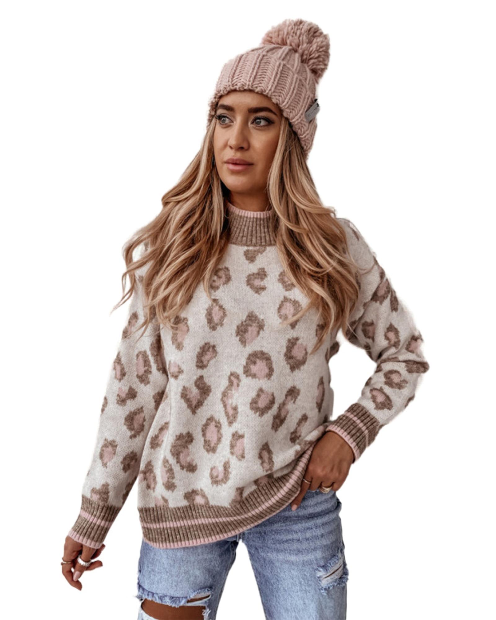 V539-AZEXDC2723742-P17-S-202508281755-05 Brown Two-tone Ribbed Trim Contrast Leopard Sweater - S - Image 6