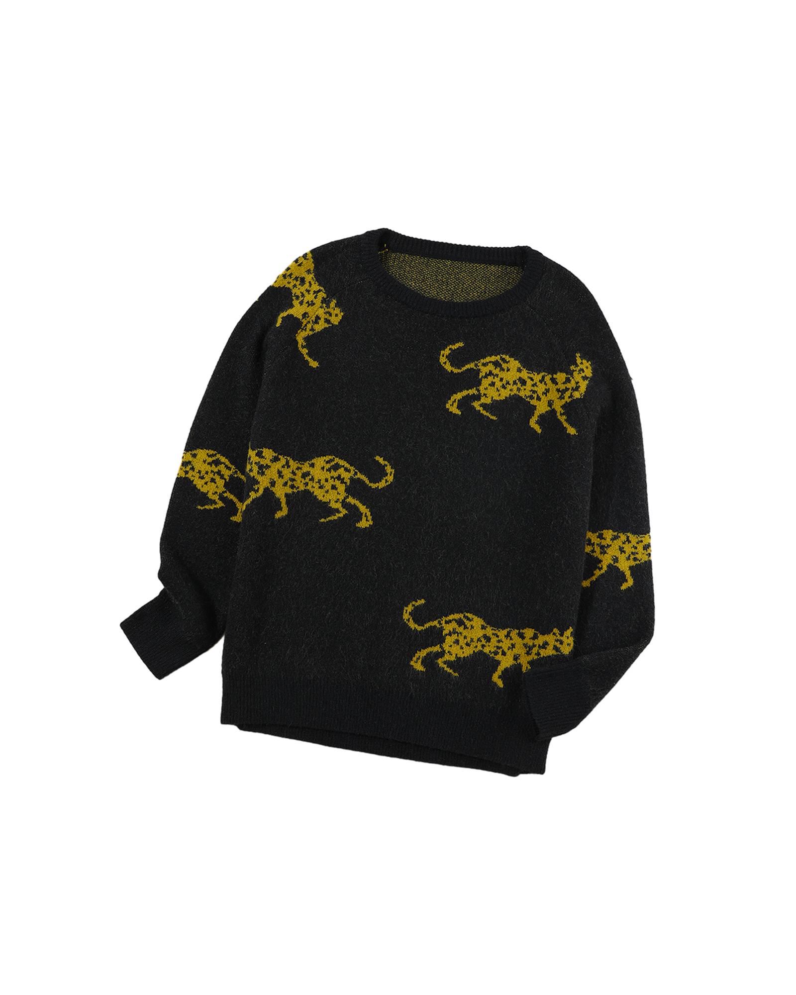 V539-AZEXDC2723920-P2-M-202506191811-01 Black Cheetah Pattern Knit Round Neck Sweater - M - Image 2