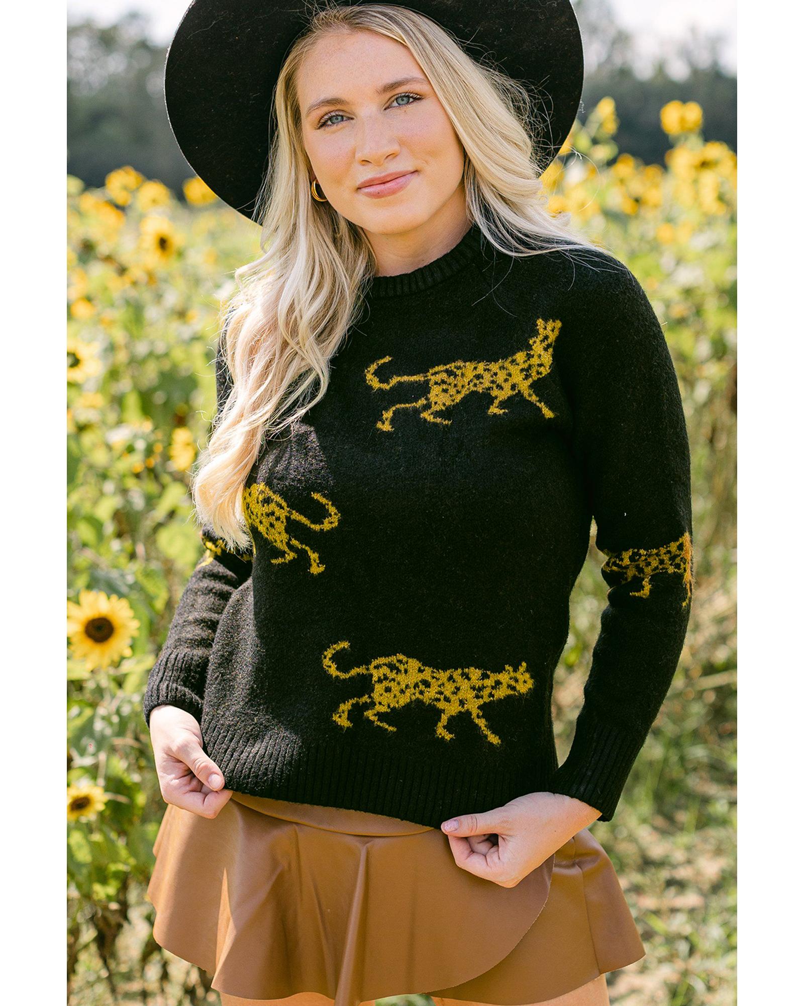 V539-AZEXDC2723920-P2-M-202506191811-02 Black Cheetah Pattern Knit Round Neck Sweater - M - Image 3