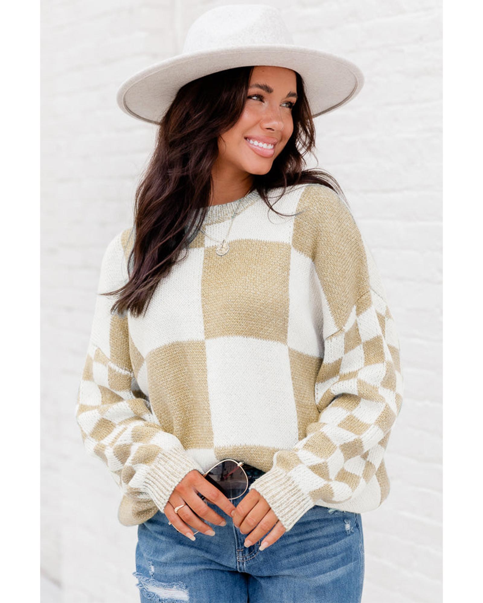 V539-AZEXDC2724011-P4016-M-202508280950-01 Flaxen Checkered Print Drop Shoulder Sweater - M - Image 2