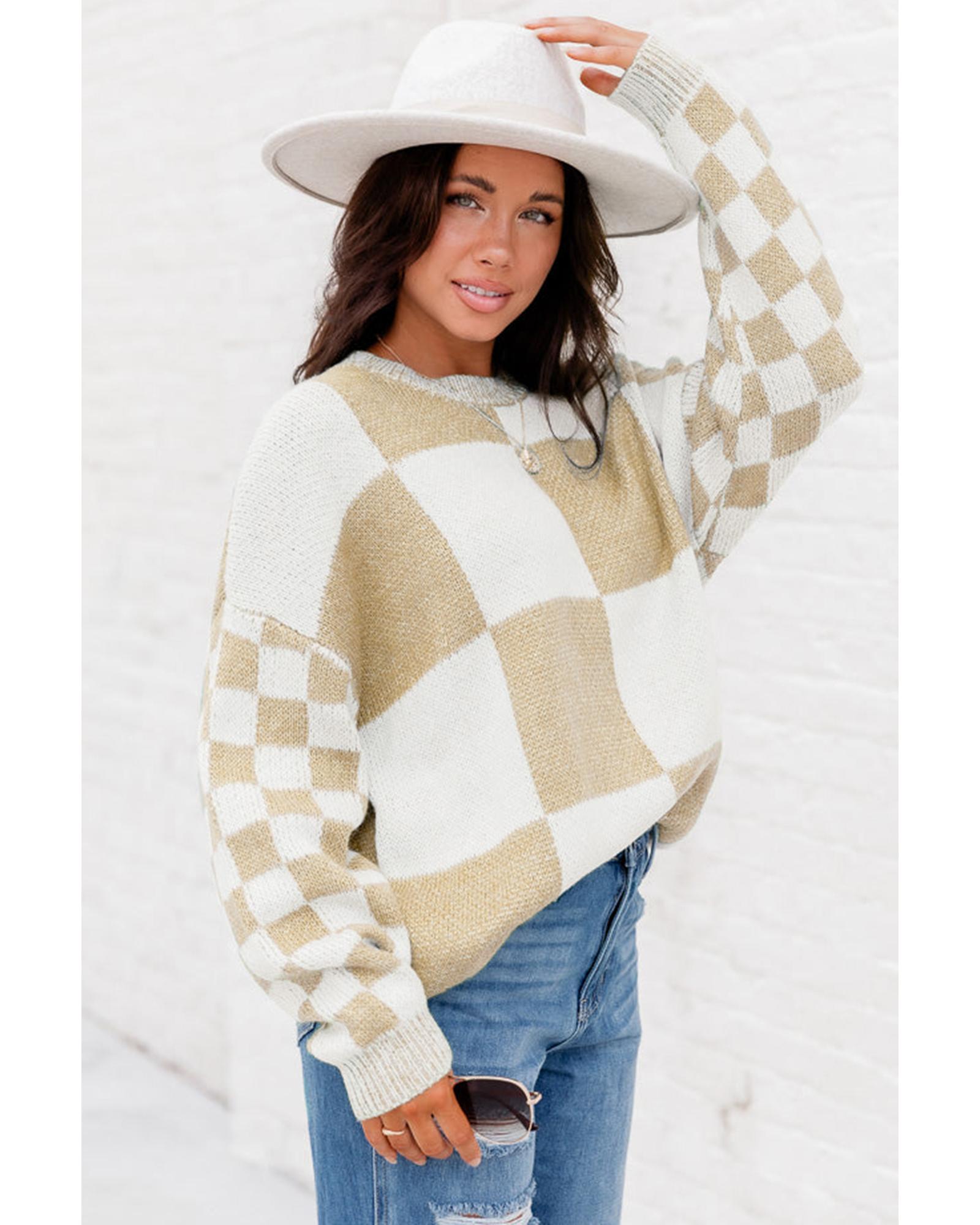 V539-AZEXDC2724011-P4016-S-202508281150-02 Flaxen Checkered Print Drop Shoulder Sweater - S - Image 3