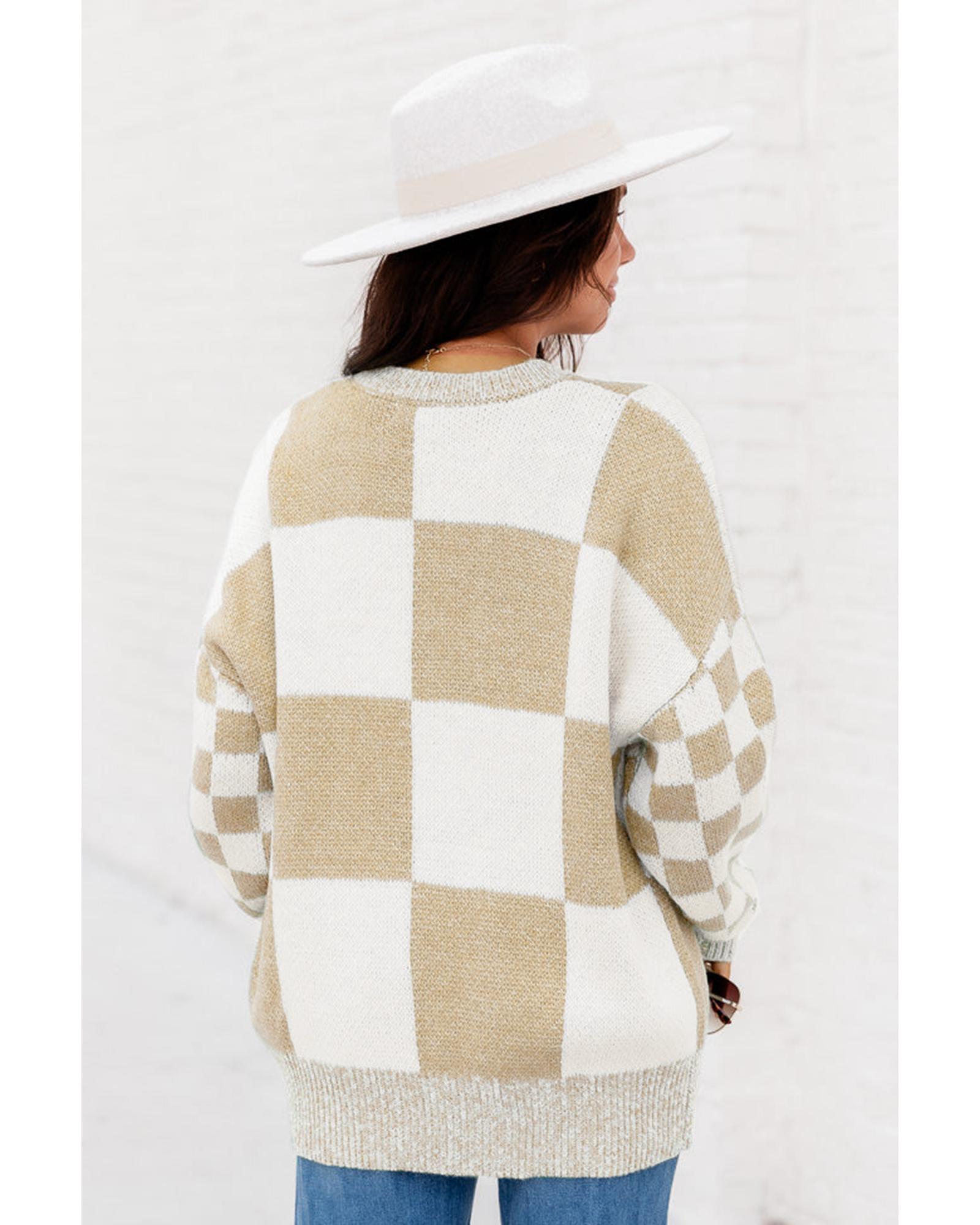 V539-AZEXDC2724011-P4016-XL-202508281310-01 Flaxen Checkered Print Drop Shoulder Sweater - XL - Image 2