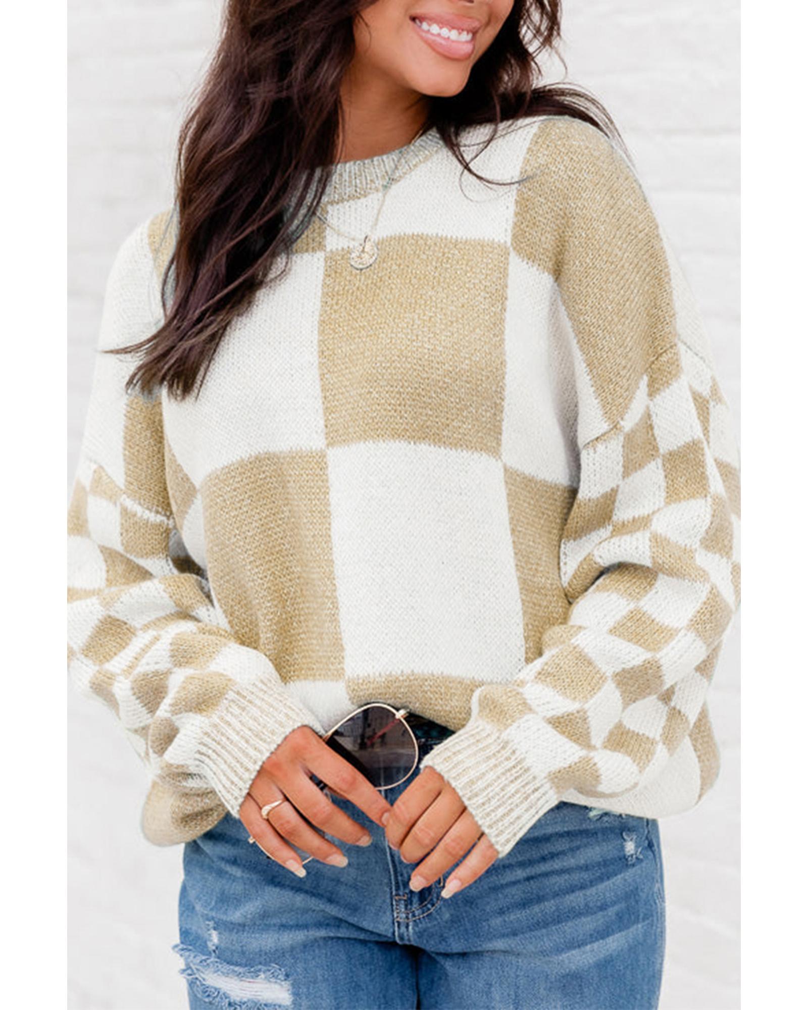 V539-AZEXDC2724011-P4016-XL-202508281310-04 Flaxen Checkered Print Drop Shoulder Sweater - XL - Image 5