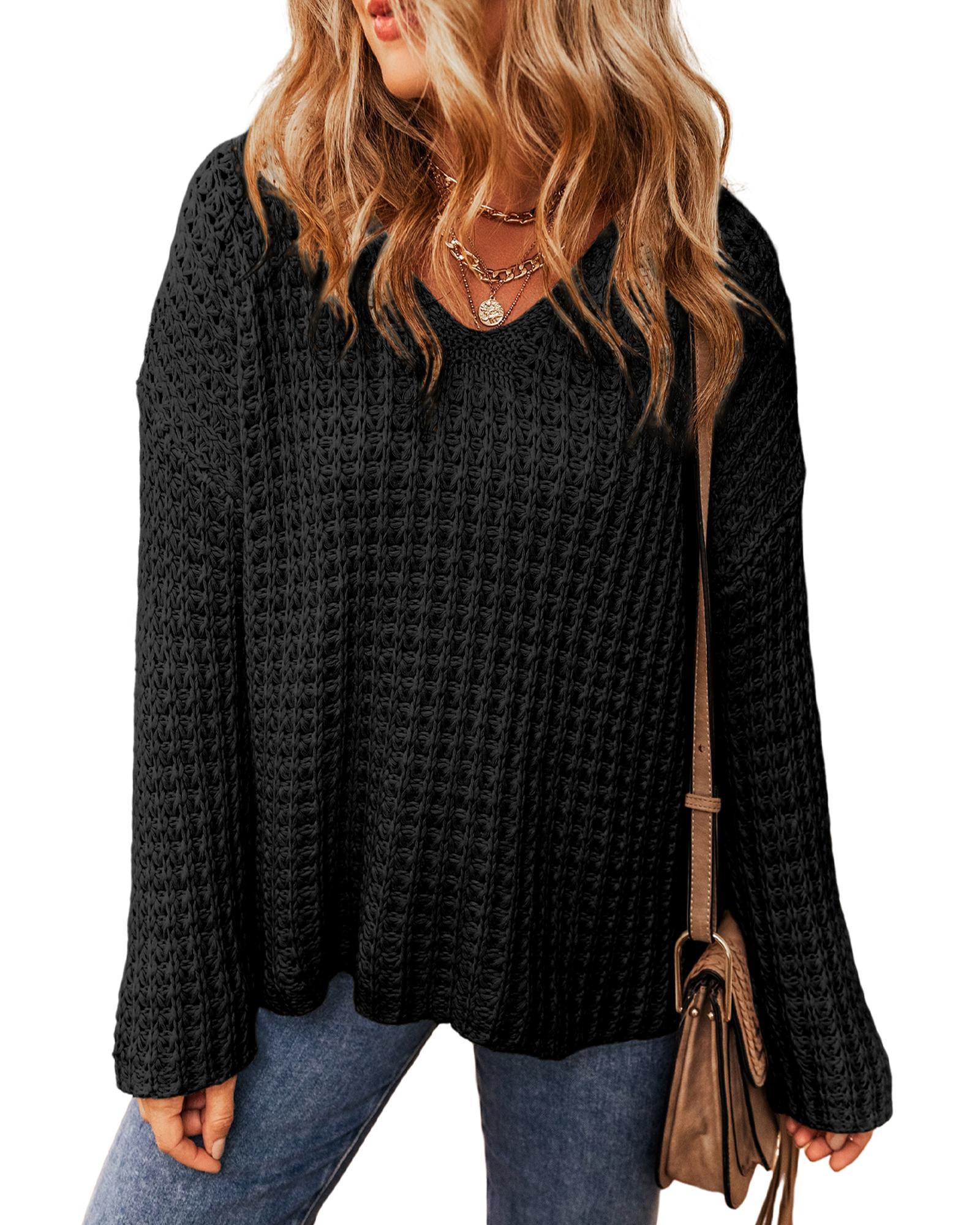 V539-AZEXDC2724017-P2-2XL-202508281530-01 Black Hollow-out Crochet V Neck Sweater - 2XL - Image 2