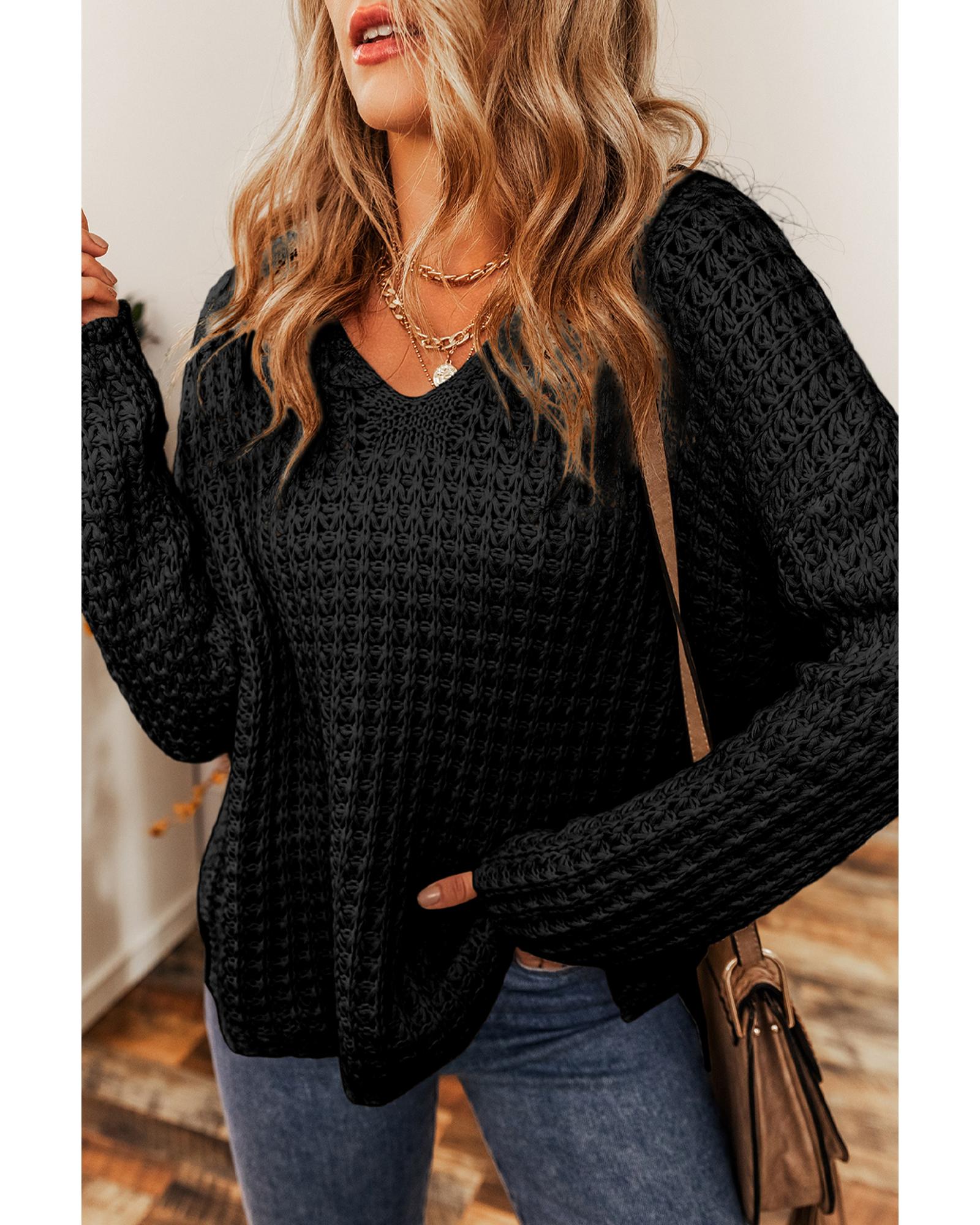 V539-AZEXDC2724017-P2-2XL-202508281530-03 Black Hollow-out Crochet V Neck Sweater - 2XL - Image 4