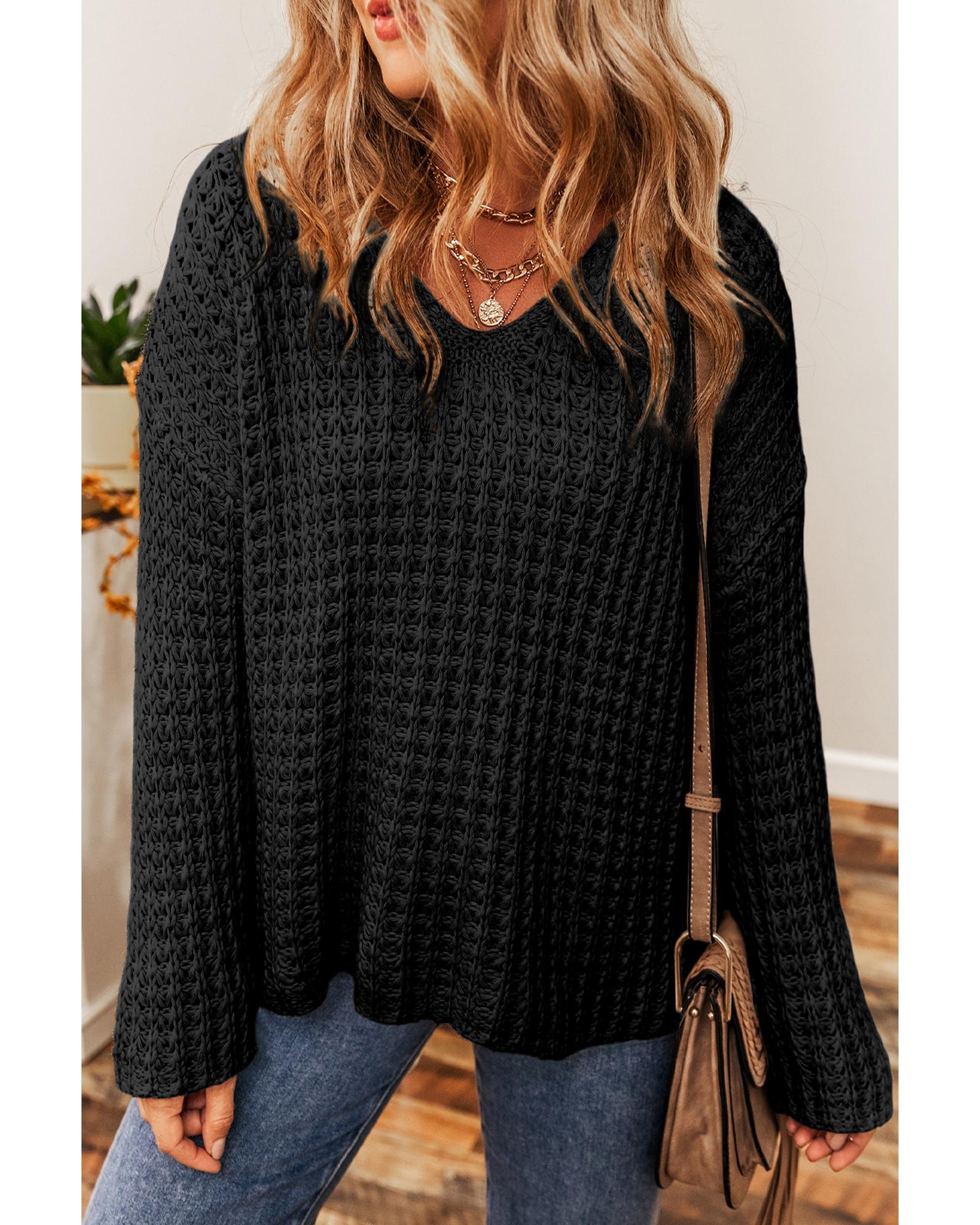 V539-AZEXDC2724017-P2-XL-202508282115-02 Black Hollow-out Crochet V Neck Sweater - XL - Image 3