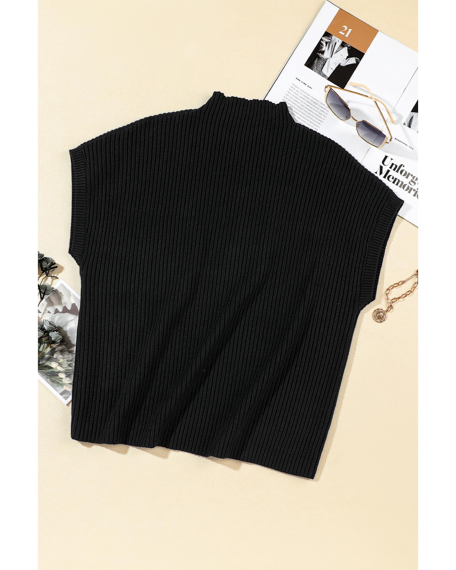 V539-AZEXDC2724250-P2-L-202508280400-03 Black Patch Pocket Ribbed Knit Short Sleeve Sweater - L - Image 4