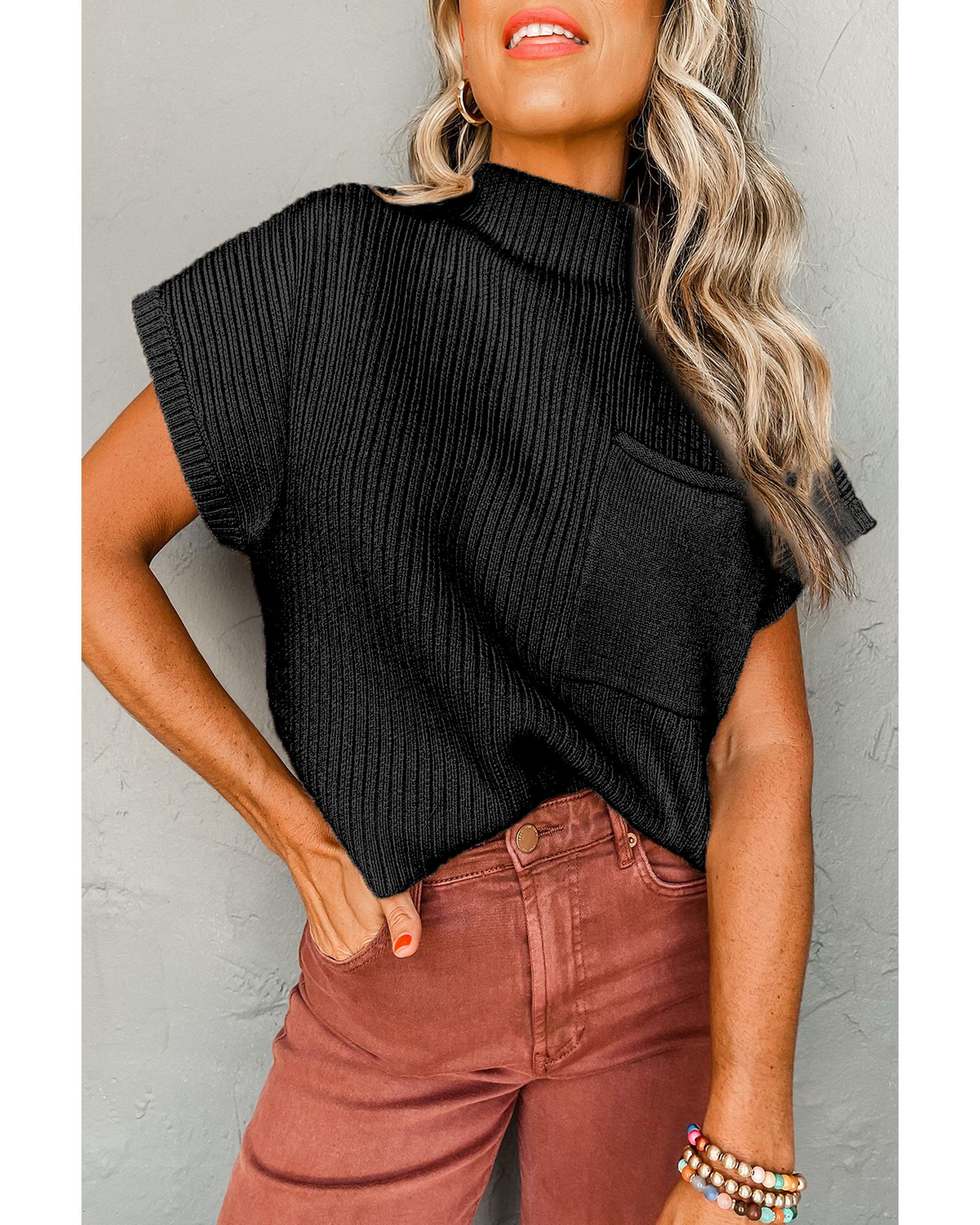 V539-AZEXDC2724250-P2-M-202508280535-02 Black Patch Pocket Ribbed Knit Short Sleeve Sweater - M - Image 3