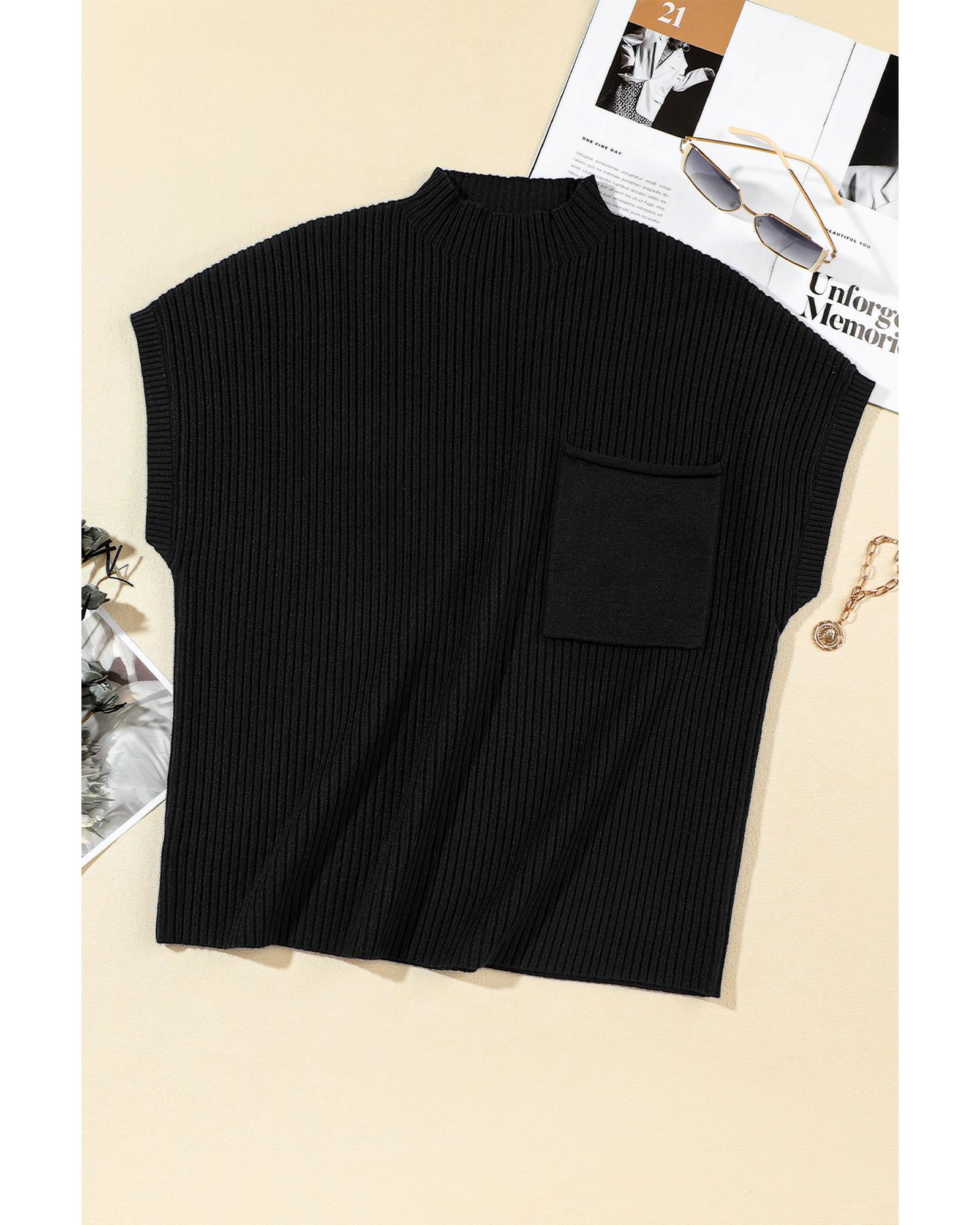V539-AZEXDC2724250-P2-M-202508280535-04 Black Patch Pocket Ribbed Knit Short Sleeve Sweater - M - Image 5