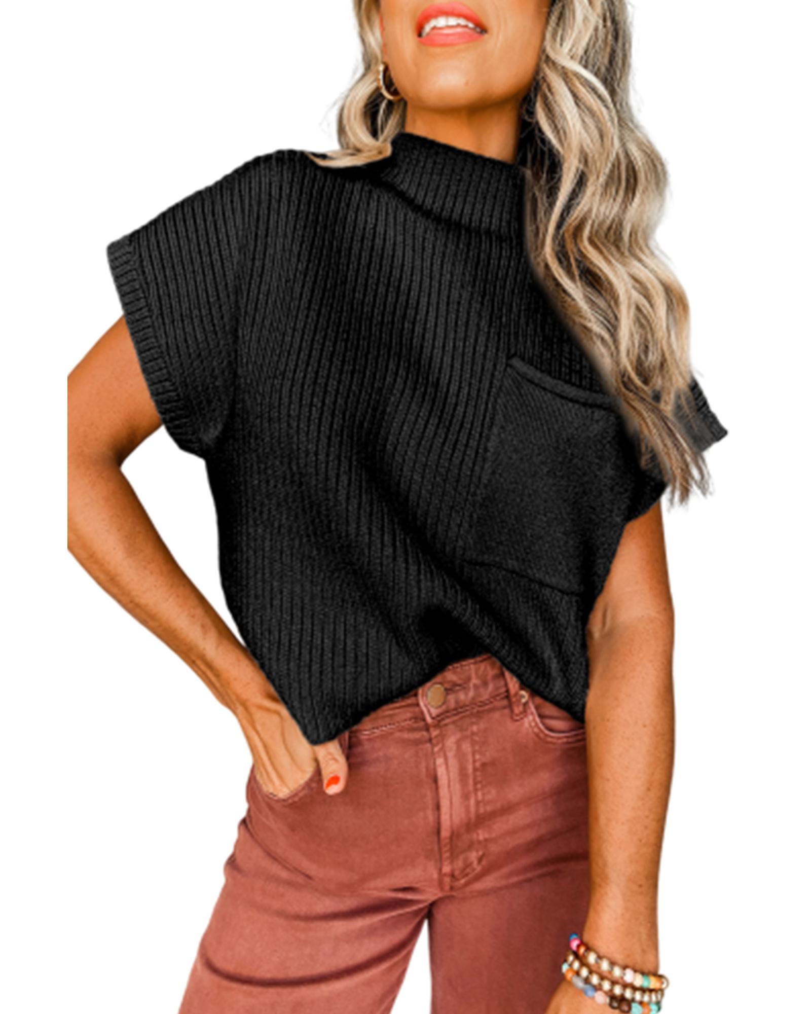 V539-AZEXDC2724250-P2-XL-202508280650-02 Black Patch Pocket Ribbed Knit Short Sleeve Sweater - XL - Image 3