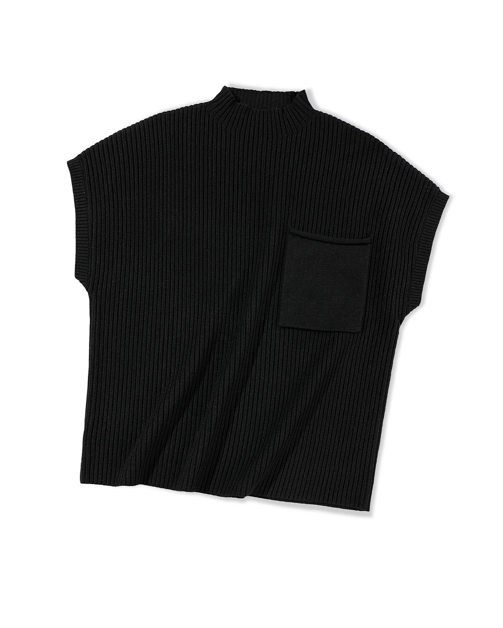 V539-AZEXDC2724250-P2-XL-202508280650-04 Black Patch Pocket Ribbed Knit Short Sleeve Sweater - XL - Image 5