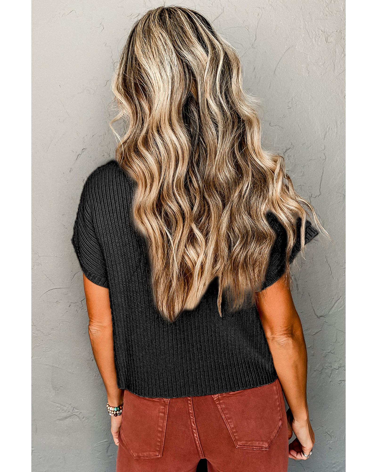 V539-AZEXDC2724250-P2-XL-202508280650-05 Black Patch Pocket Ribbed Knit Short Sleeve Sweater - XL - Image 6