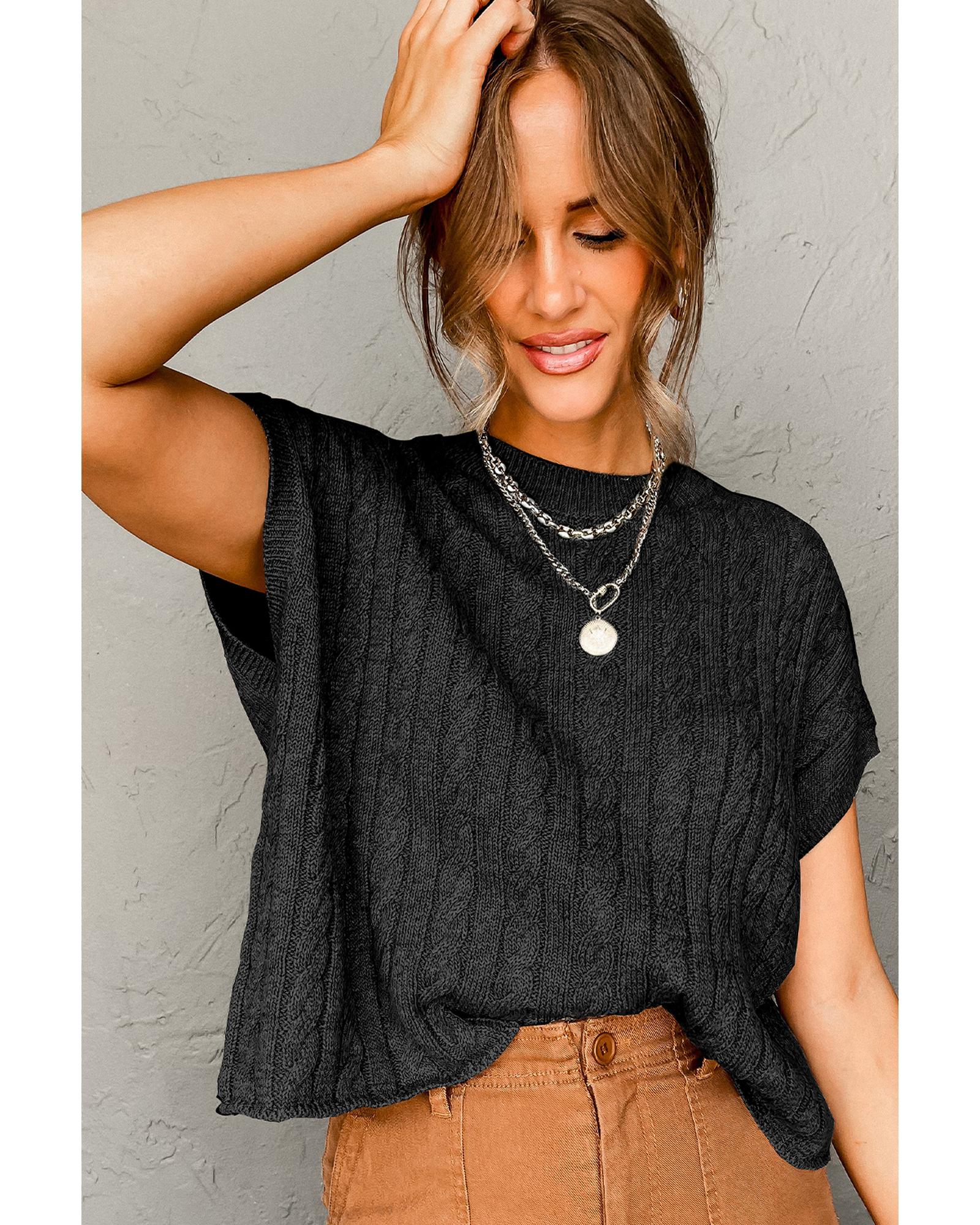 V539-AZEXDC2724323-P2-L-202506132322-01 Black Crew Neck Cable Knit Short Sleeve Sweater - L - Image 2