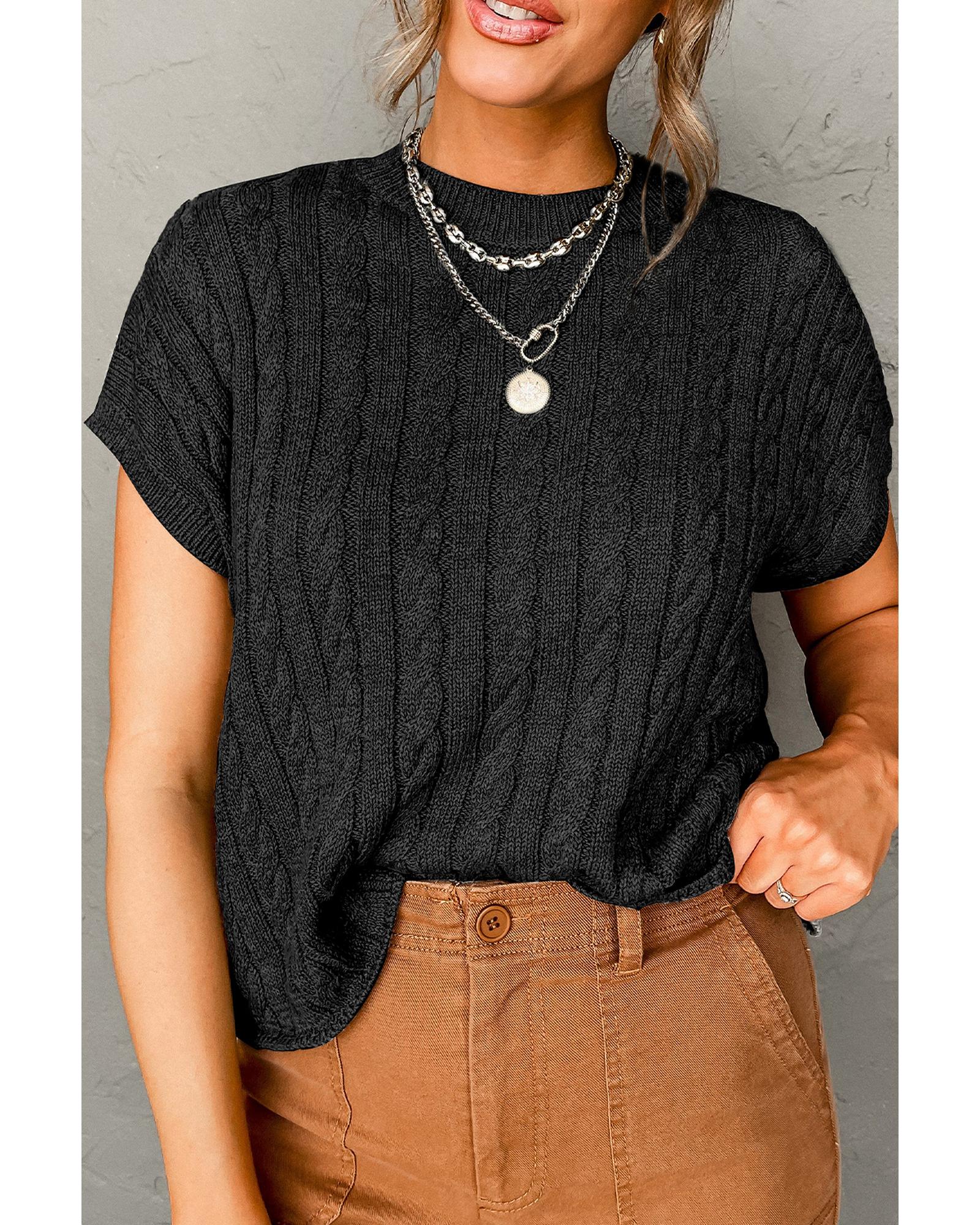 V539-AZEXDC2724323-P2-L-202506132322-03 Black Crew Neck Cable Knit Short Sleeve Sweater - L - Image 4