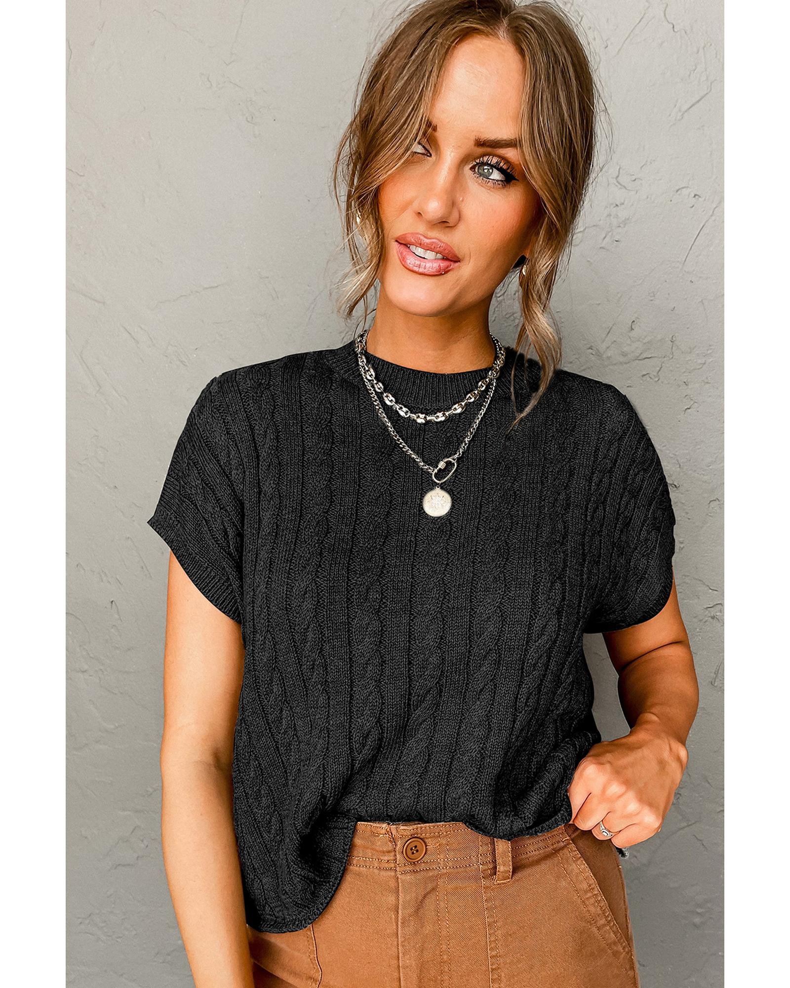 V539-AZEXDC2724323-P2-L-202506132322-04 Black Crew Neck Cable Knit Short Sleeve Sweater - L - Image 5