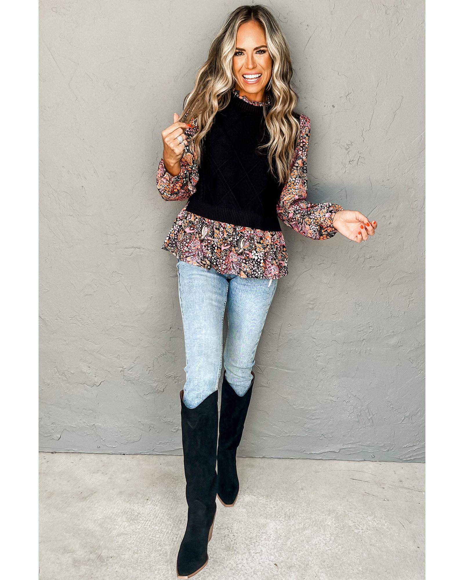 V539-AZEXDC2724346-P2-S-202506132330-01 Black Contrast Floral Sleeve Peplum Sweater - S - Image 2