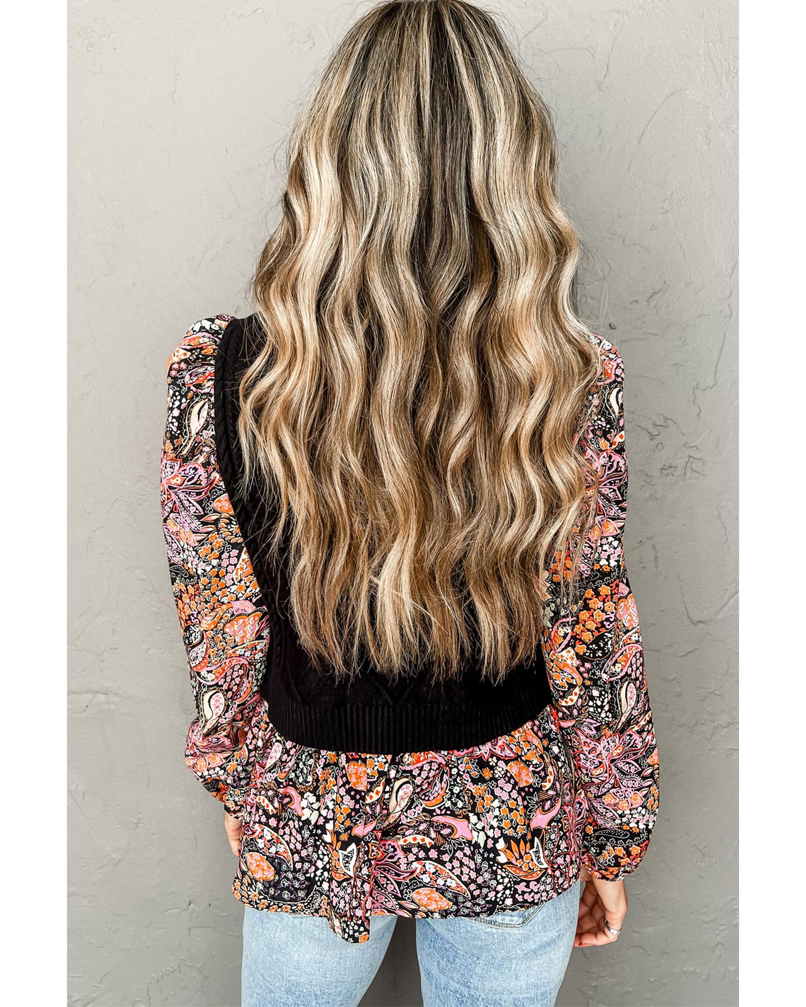V539-AZEXDC2724346-P2-S-202506132330-02 Black Contrast Floral Sleeve Peplum Sweater - S - Image 3