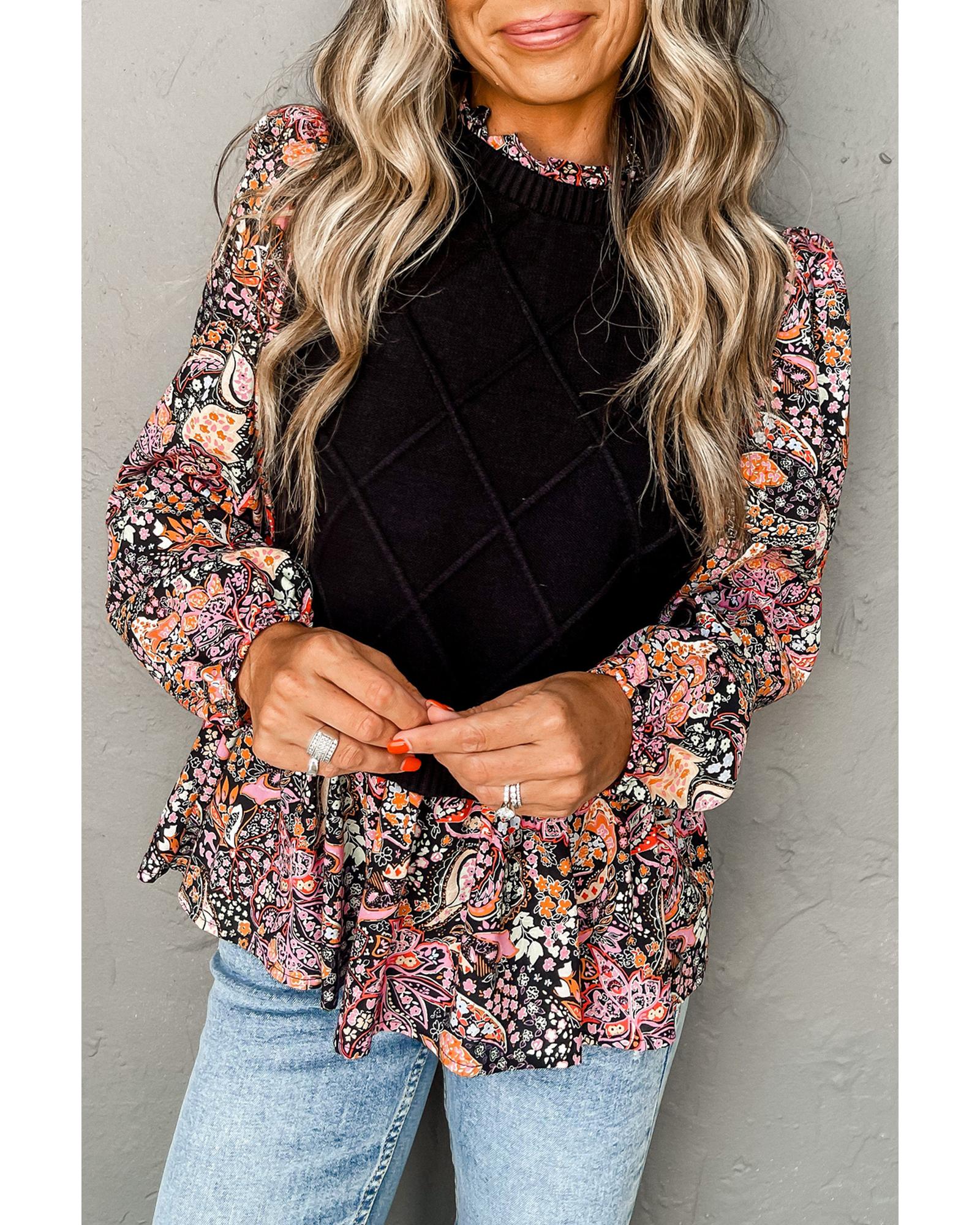 V539-AZEXDC2724346-P2-S-202506132330-03 Black Contrast Floral Sleeve Peplum Sweater - S - Image 4