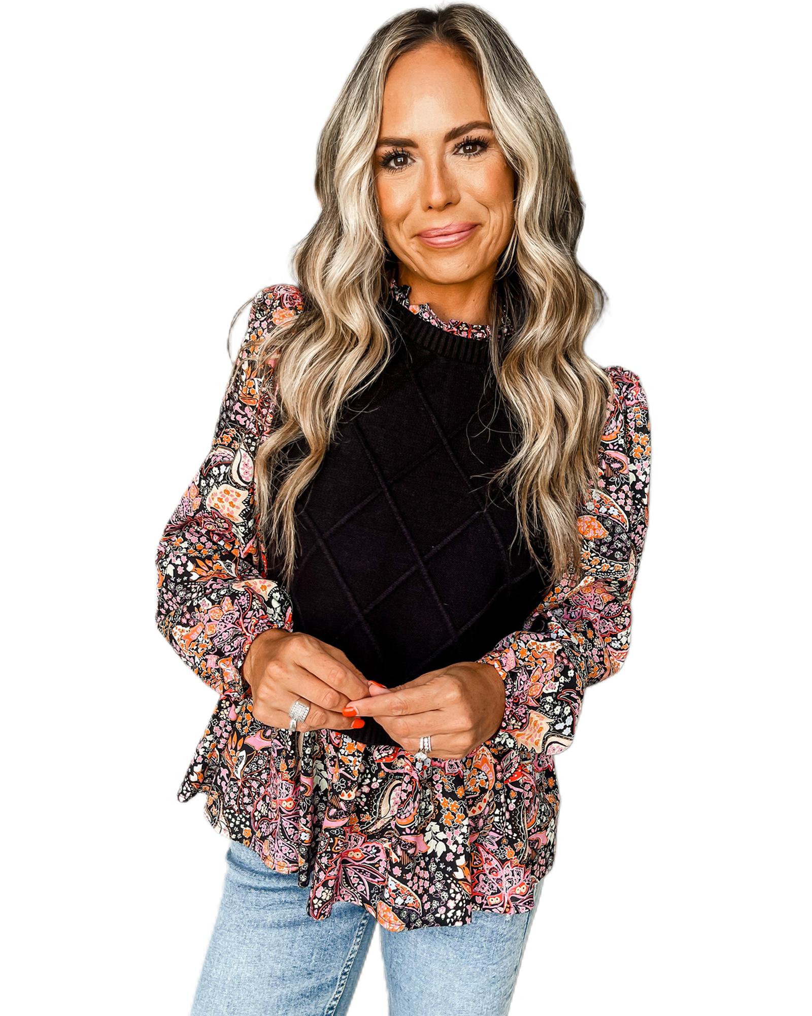 V539-AZEXDC2724346-P2-S-202506132330-04 Black Contrast Floral Sleeve Peplum Sweater - S - Image 5