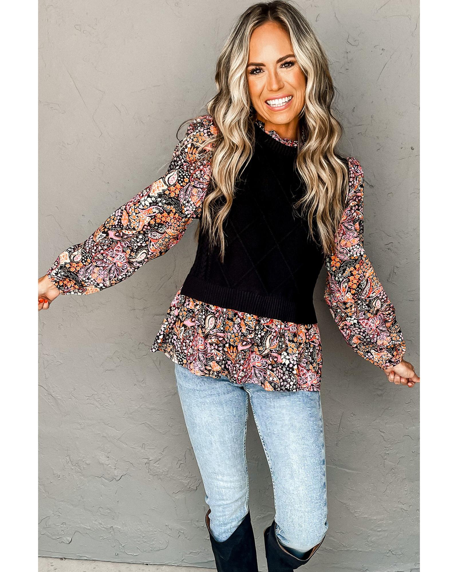 V539-AZEXDC2724346-P2-S-202506132330-05 Black Contrast Floral Sleeve Peplum Sweater - S - Image 6