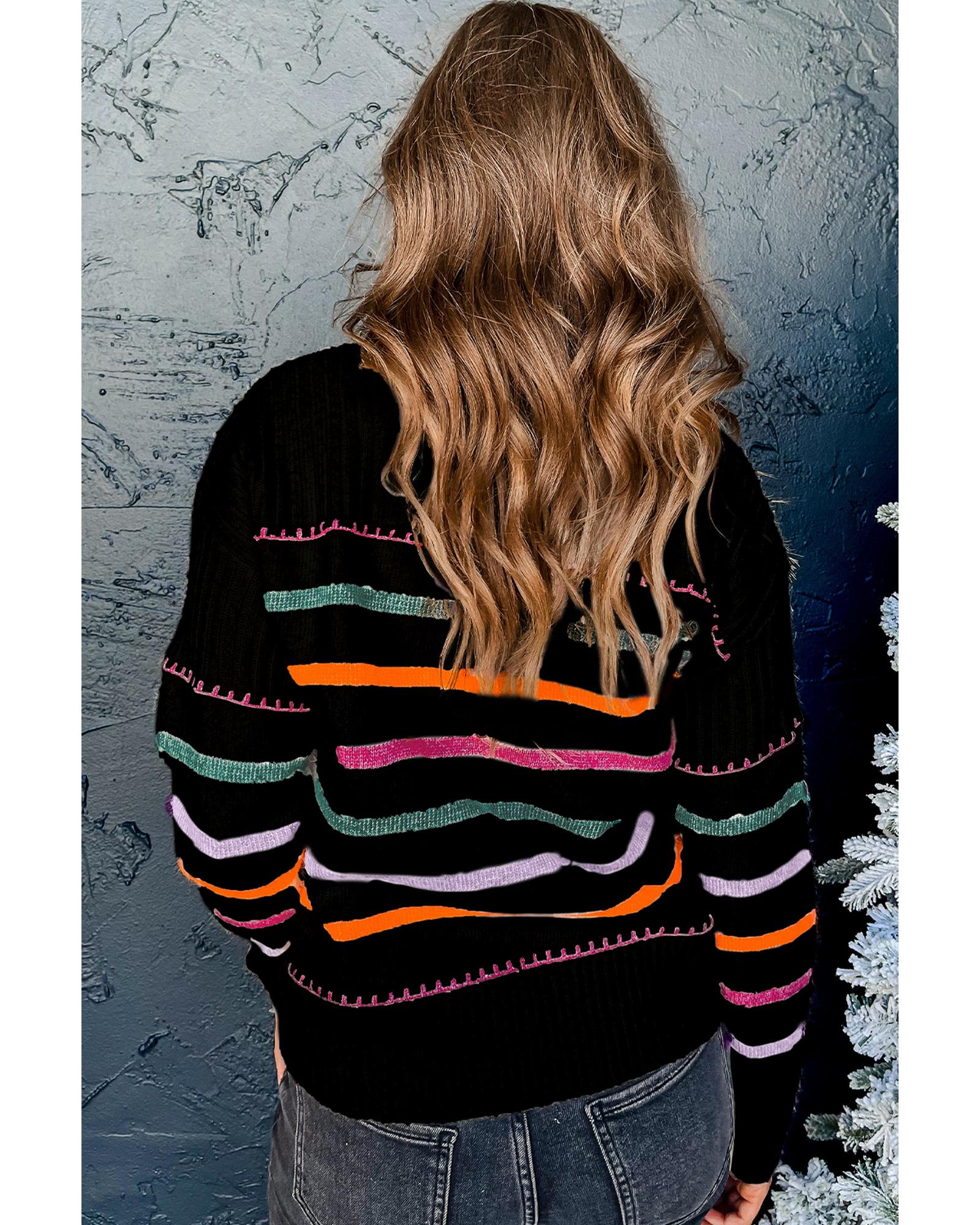 V539-AZEXDC2724661-P222-XL-202508290140-01 Black Colorful Striped Ribbed Trim Sweater - XL - Image 2