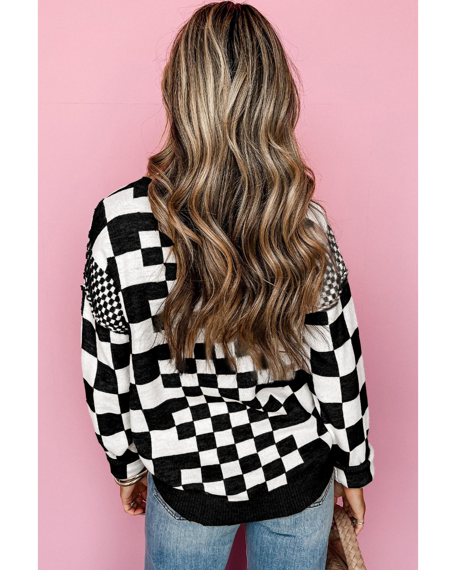 V539-AZEXDC2724831-P222-XL-202506132231-01 Black Checkered Print Drop Shoulder Round Neck Sweater - XL - Image 2