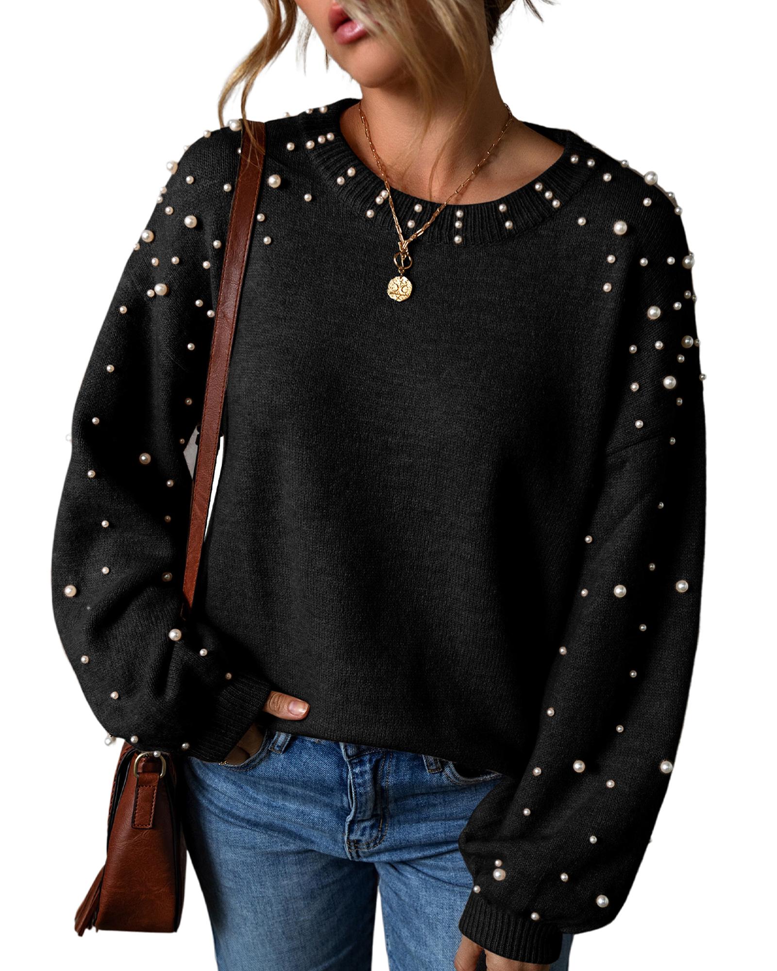 V539-AZEXDC2725140-P2-XL-202508281510-04 Black Pearled Drop Shoulder Round Neck Sweater - XL - Image 5