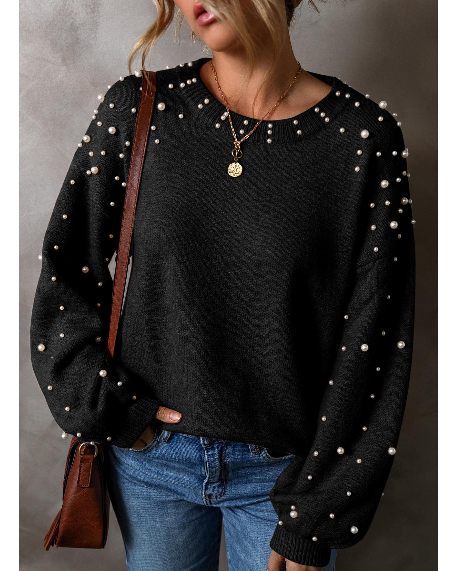 V539-AZEXDC2725140-P2-XL-202508281510-05 Black Pearled Drop Shoulder Round Neck Sweater - XL - Image 6