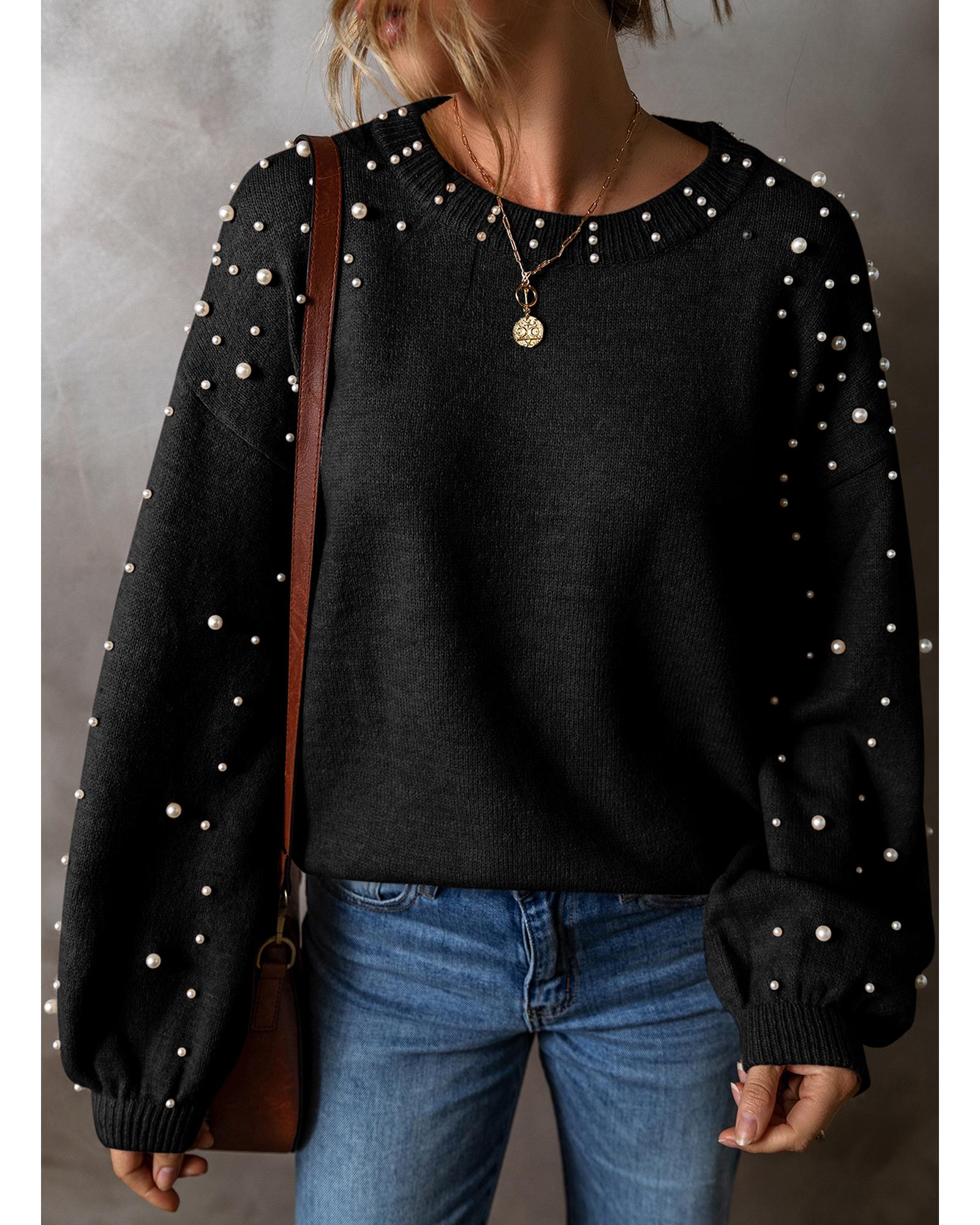 V539-AZEXDC2725140-P2-XL-202508281510-07 Black Pearled Drop Shoulder Round Neck Sweater - XL - Image 8