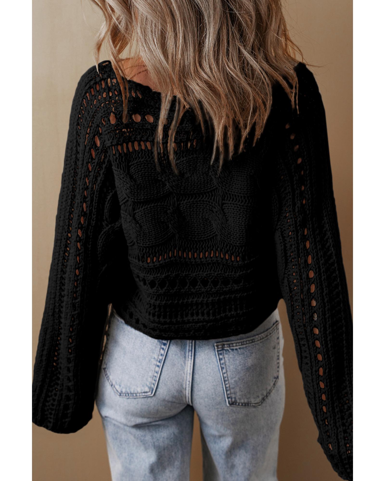 V539-AZEXDC2725151-P2-XL-202508282245-01 Black Hollow-out Cable Knit Cropped Sweater - XL - Image 2