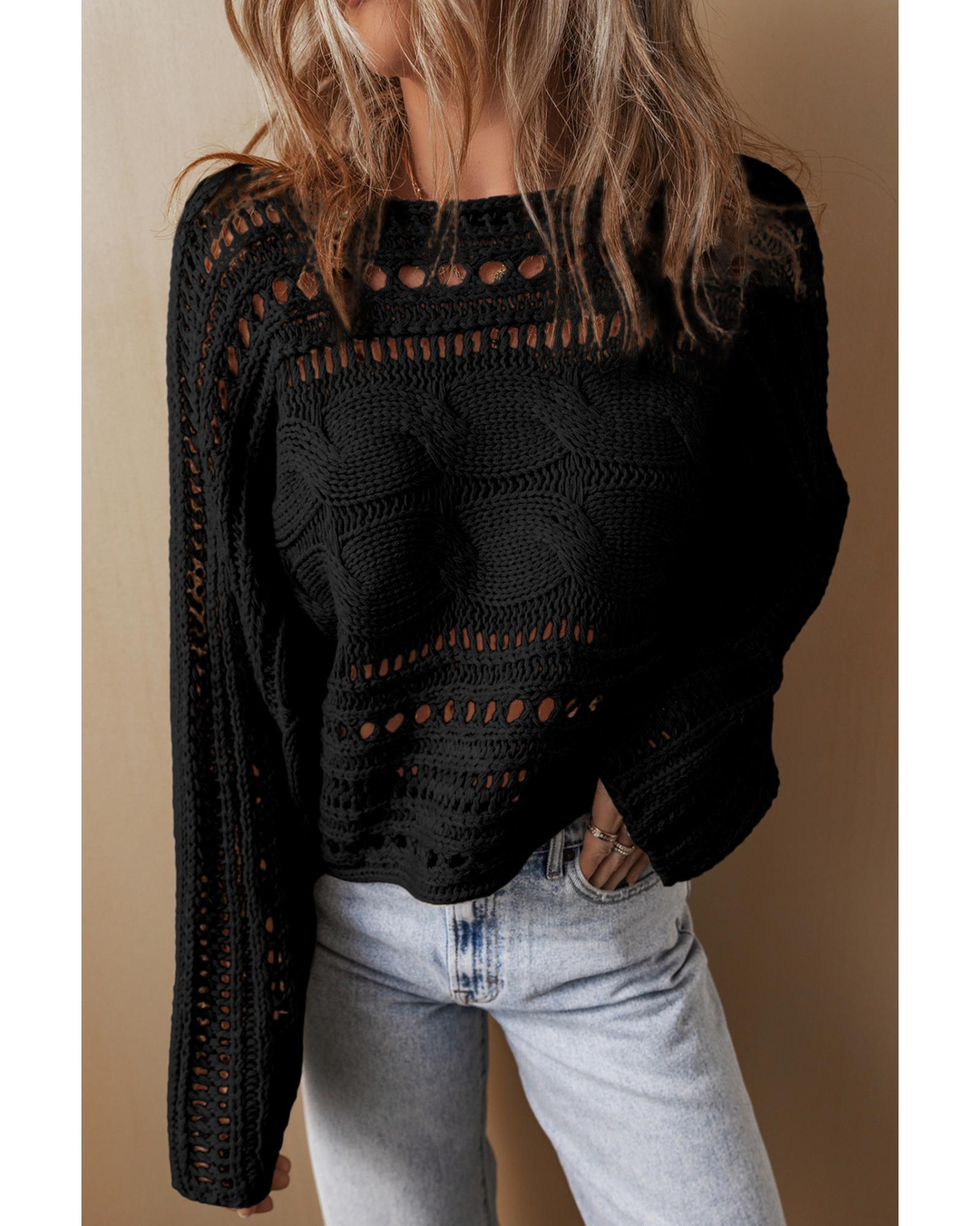 V539-AZEXDC2725151-P2-XL-202508282245-02 Black Hollow-out Cable Knit Cropped Sweater - XL - Image 3
