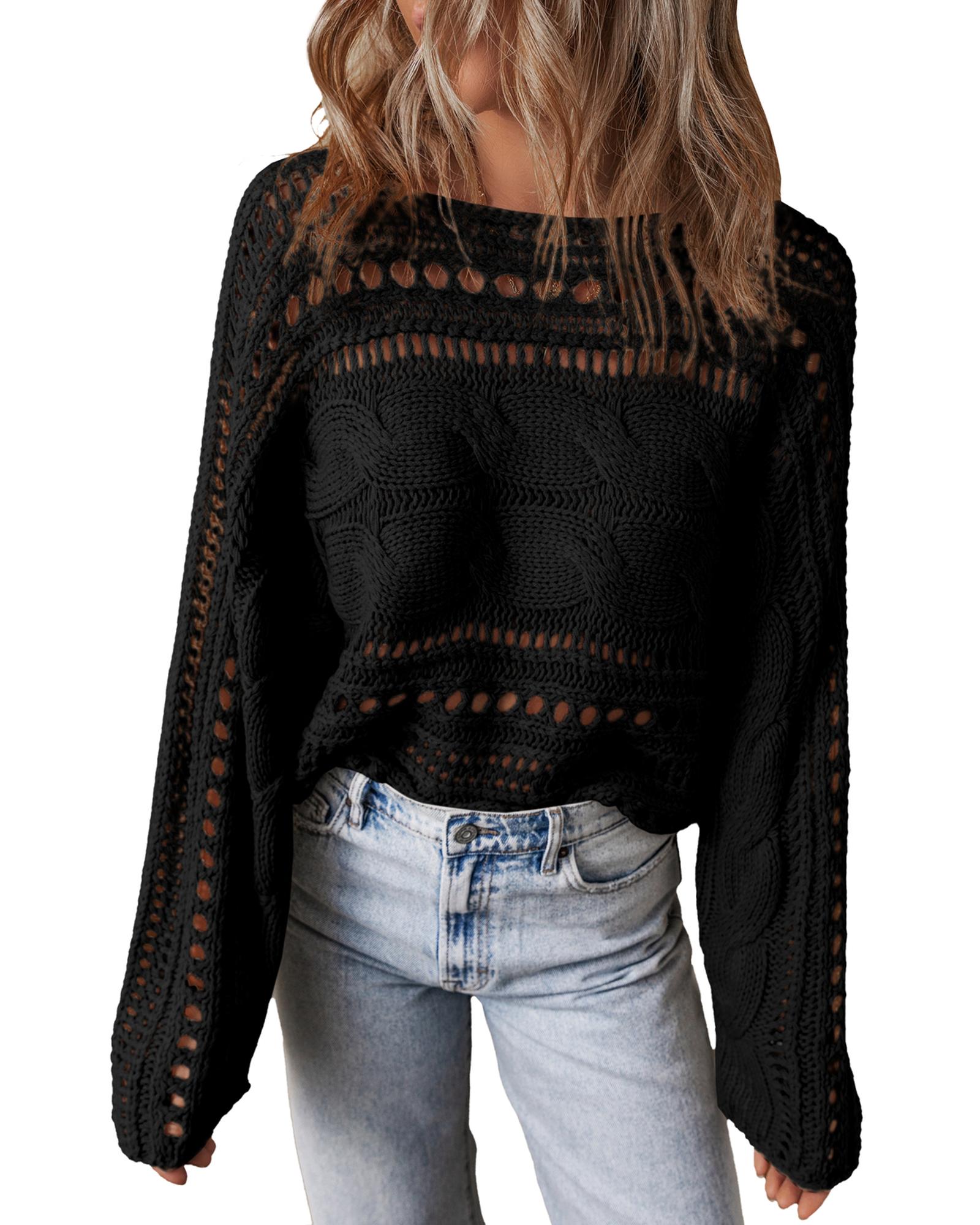 V539-AZEXDC2725151-P2-XL-202508282245-03 Black Hollow-out Cable Knit Cropped Sweater - XL - Image 4