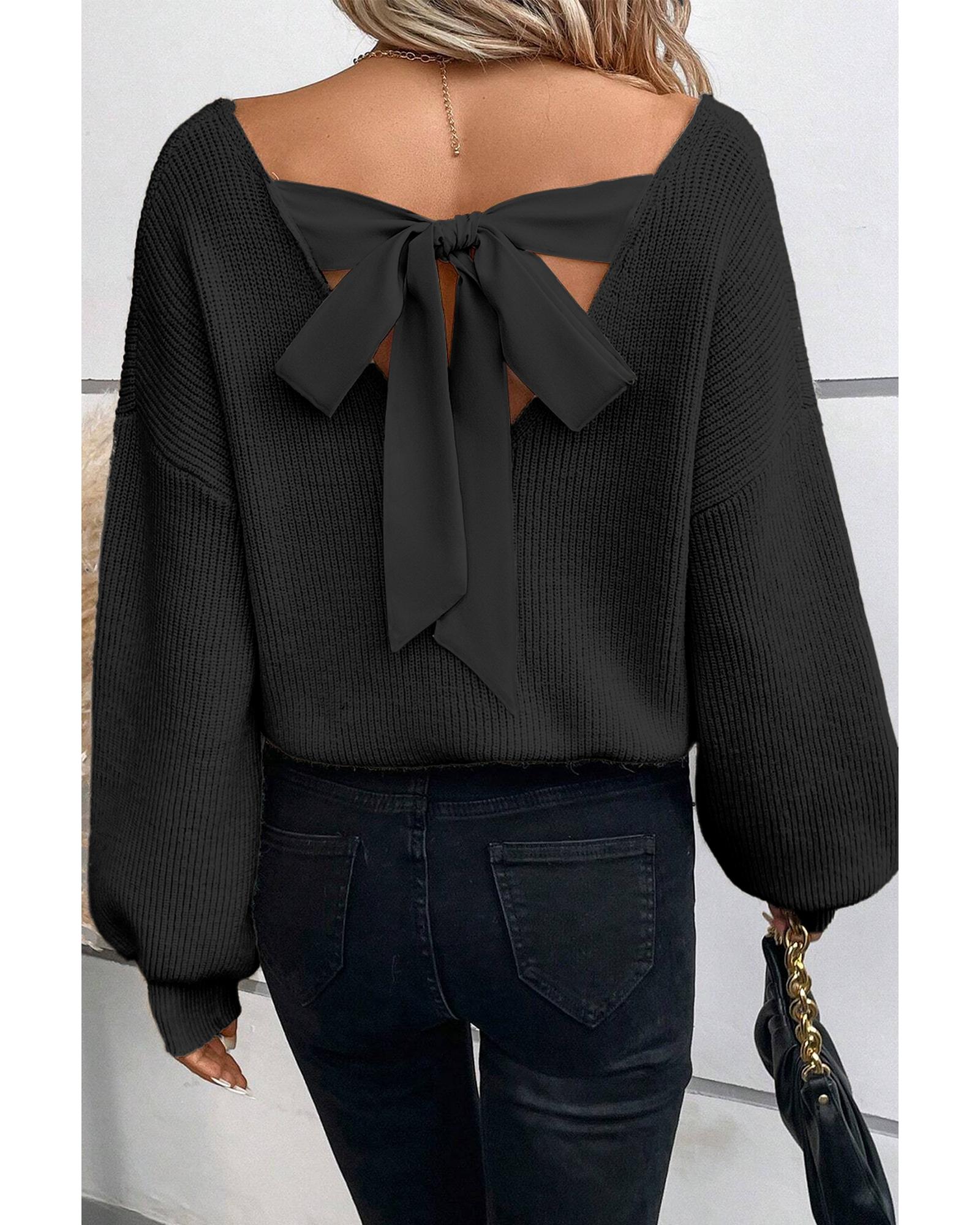 V539-AZEXDC2725453-P2-L-202506132235-01 Black Lantern Sleeve V Neck Knot Back Sweater - L - Image 2