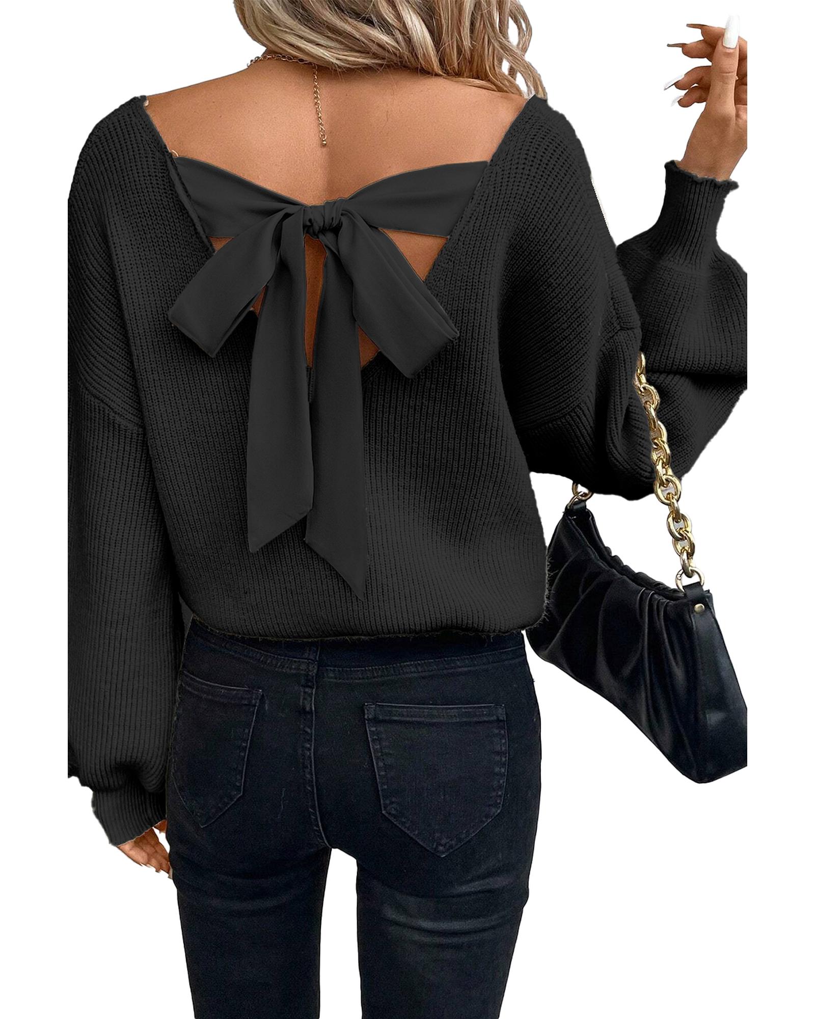 V539-AZEXDC2725453-P2-L-202506132235-02 Black Lantern Sleeve V Neck Knot Back Sweater - L - Image 3