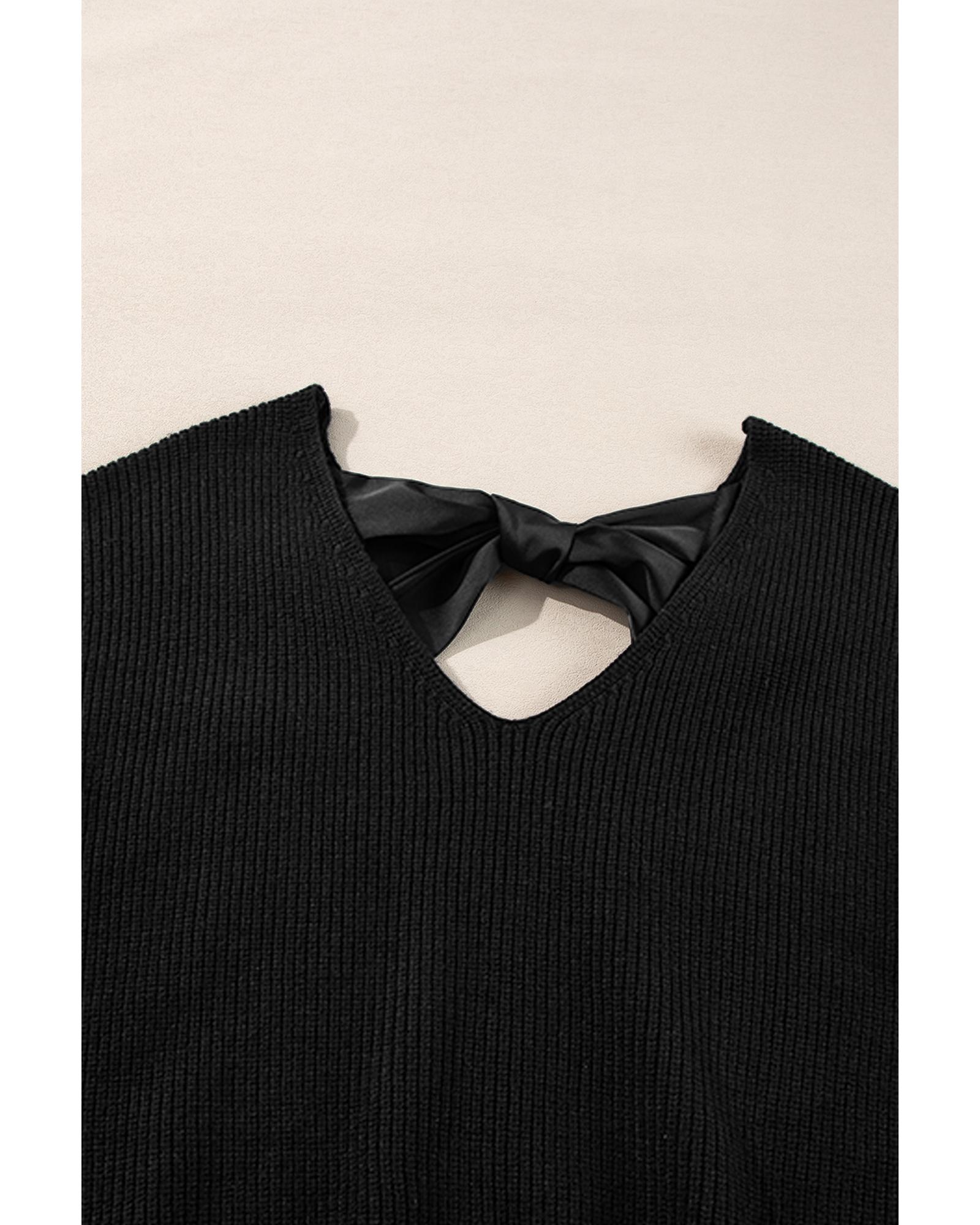 V539-AZEXDC2725453-P2-L-202506132235-03 Black Lantern Sleeve V Neck Knot Back Sweater - L - Image 4