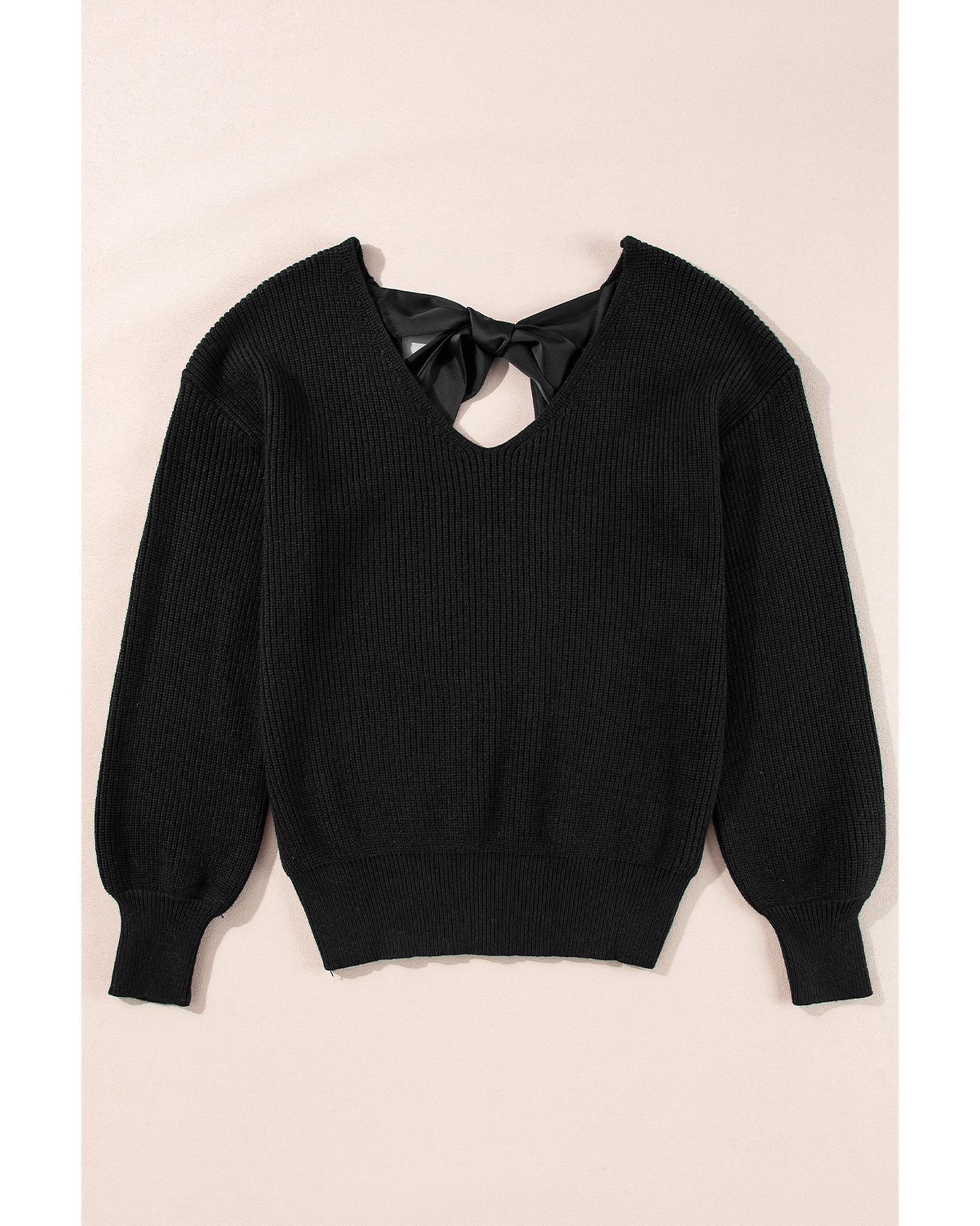 V539-AZEXDC2725453-P2-L-202506132235-04 Black Lantern Sleeve V Neck Knot Back Sweater - L - Image 5
