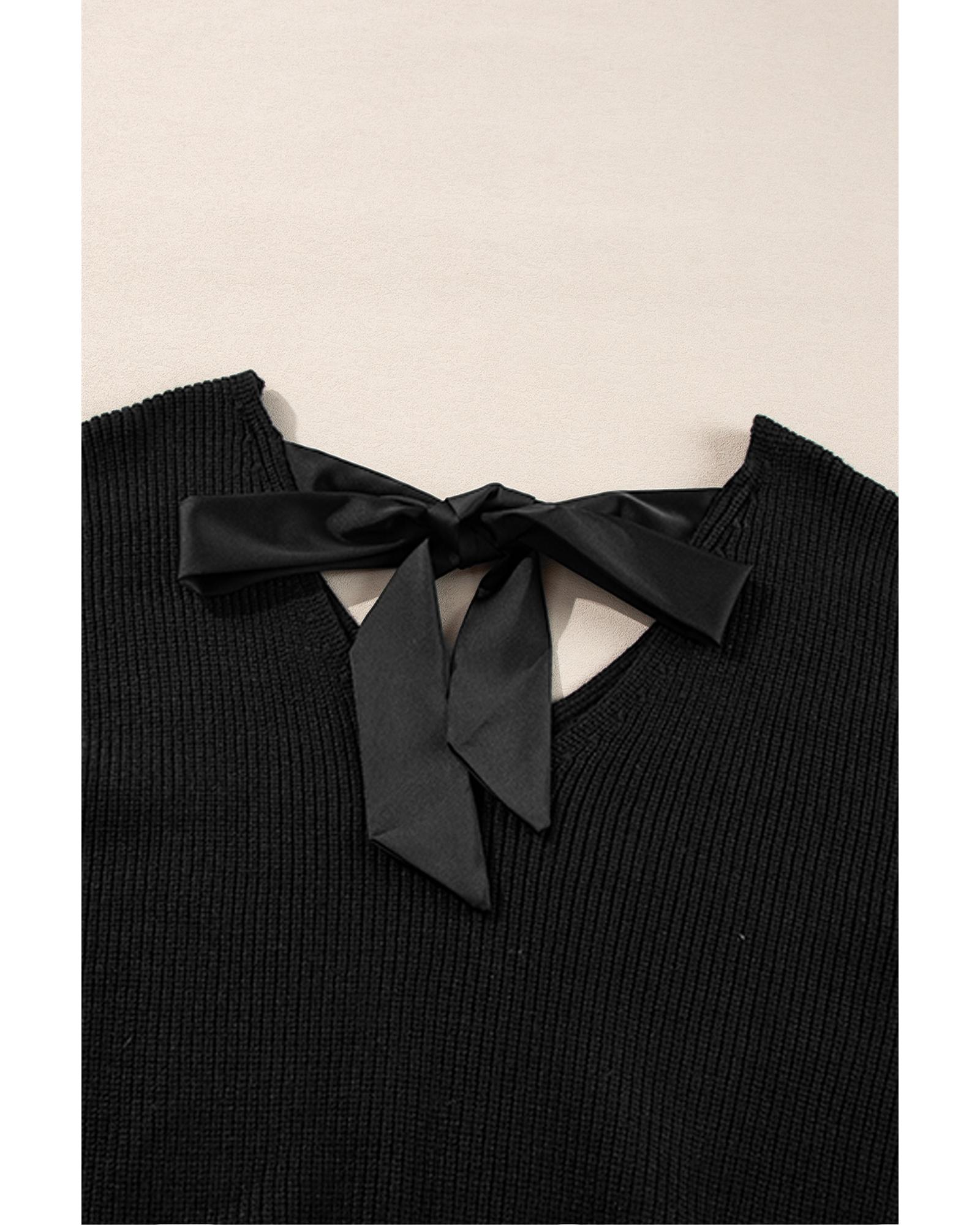 V539-AZEXDC2725453-P2-L-202506132235-05 Black Lantern Sleeve V Neck Knot Back Sweater - L - Image 6
