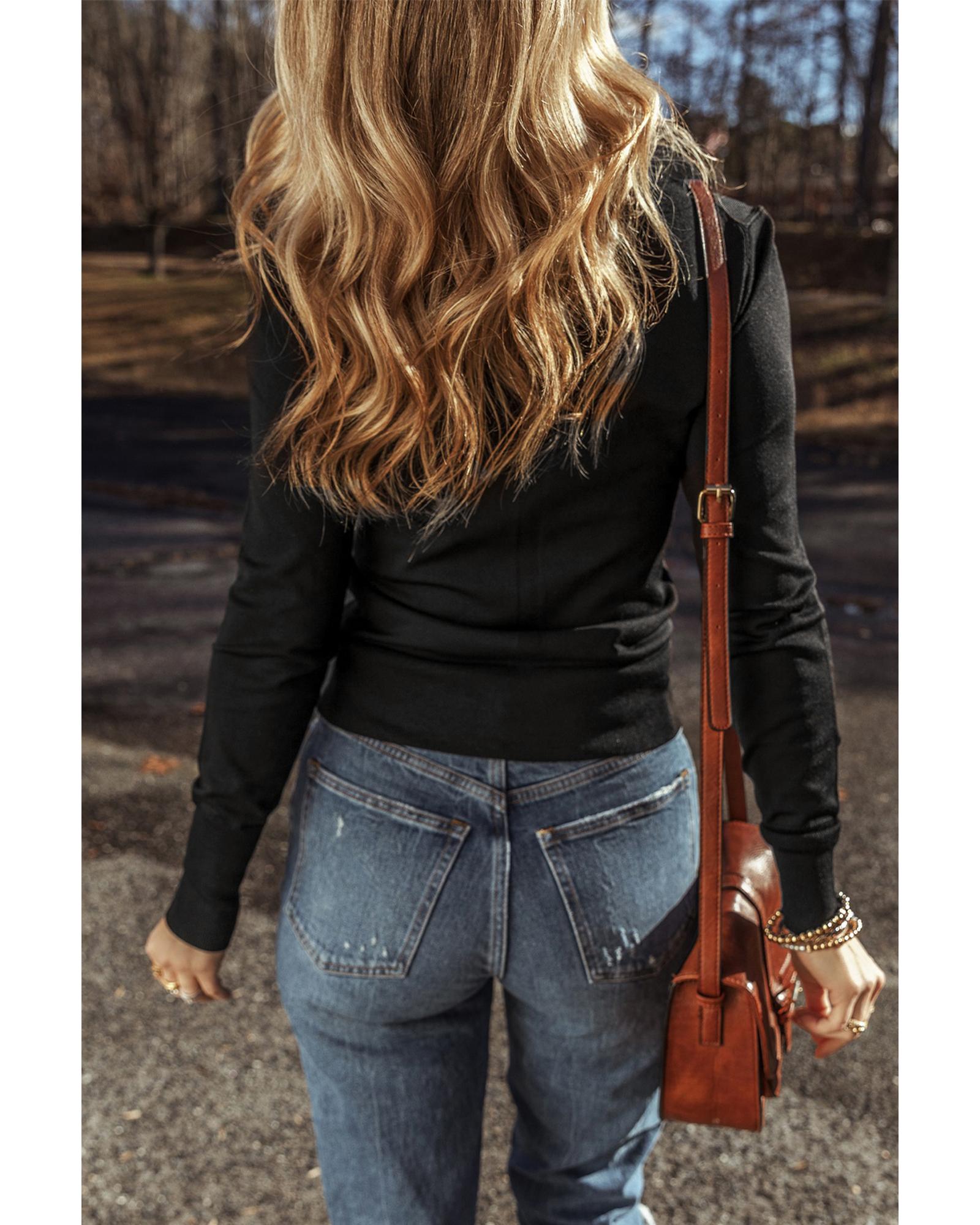 V539-AZEXDC2725474-P2-M-202508291420-05 Black Solid Color Slim Fit Lightweight Crew Neck Sweater - M - Image 6