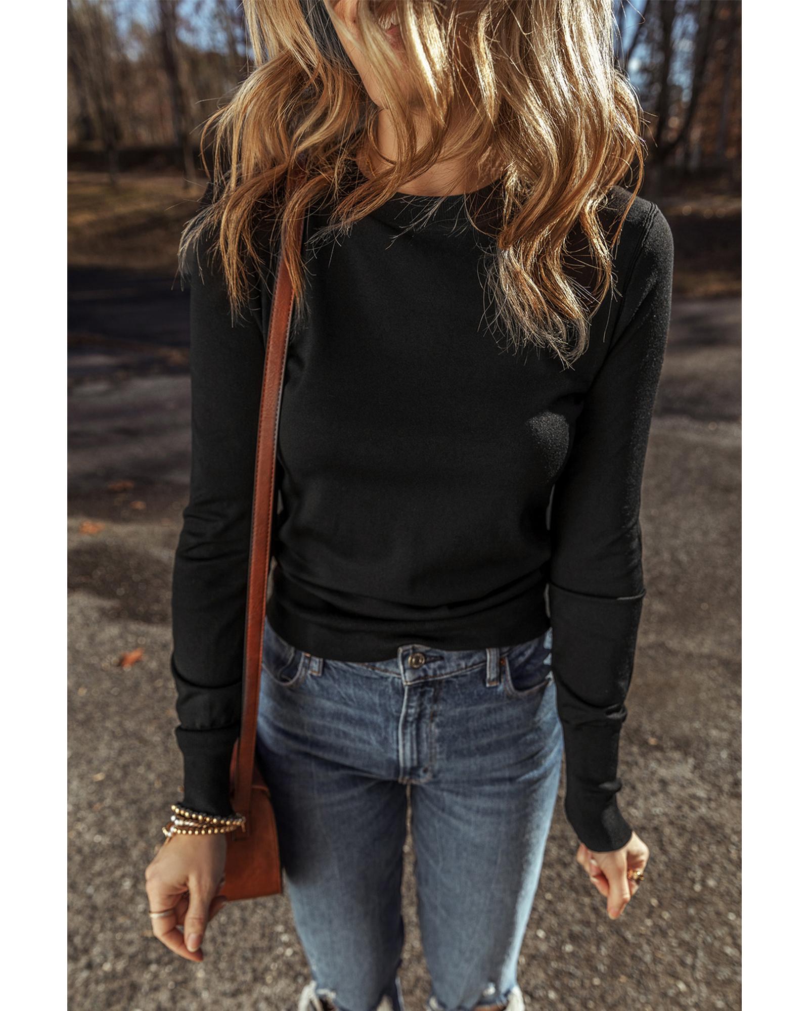 V539-AZEXDC2725474-P2-M-202508291420-07 Black Solid Color Slim Fit Lightweight Crew Neck Sweater - M - Image 8