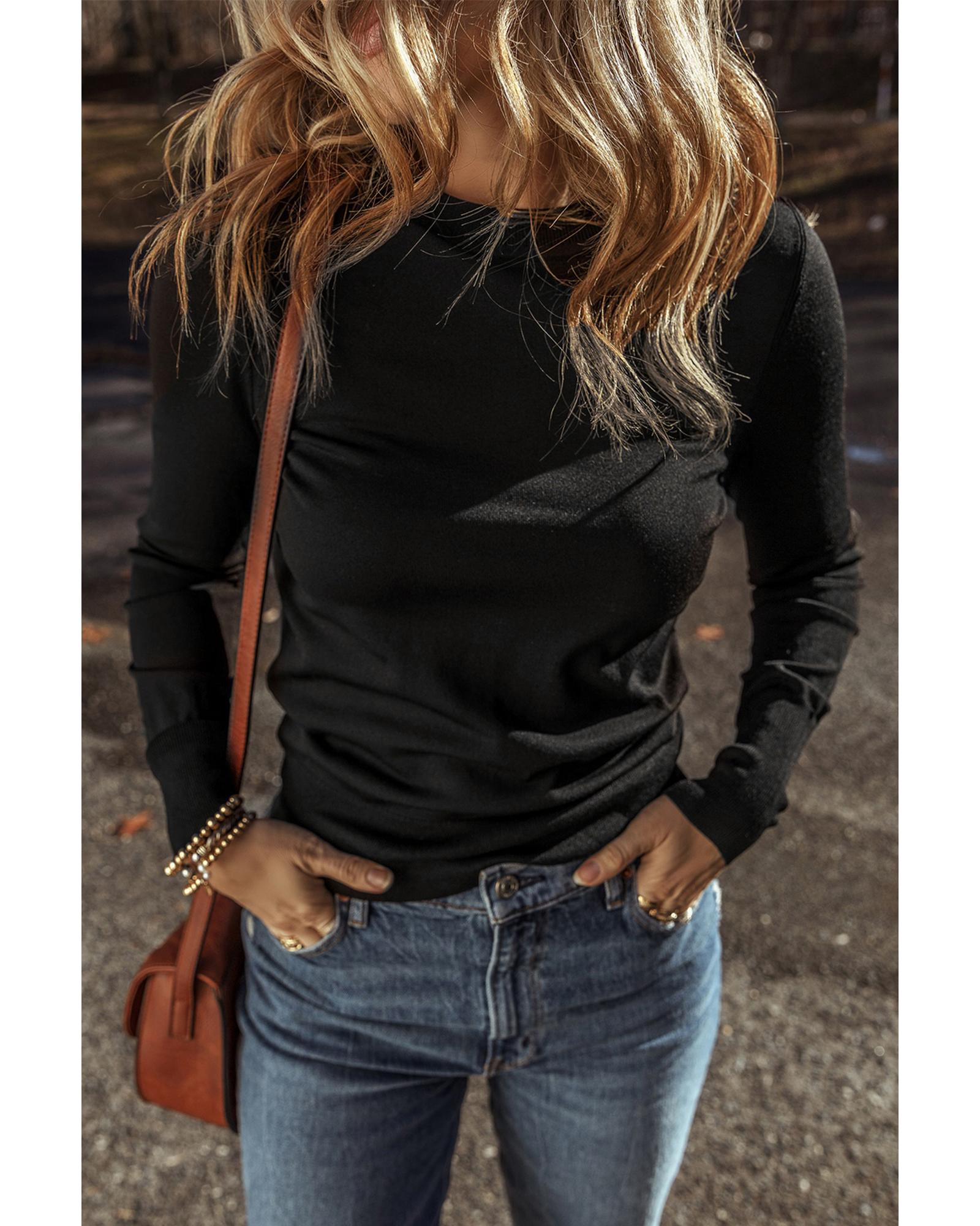 V539-AZEXDC2725474-P2-XL-202508291705-02 Black Solid Color Slim Fit Lightweight Crew Neck Sweater - XL - Image 3