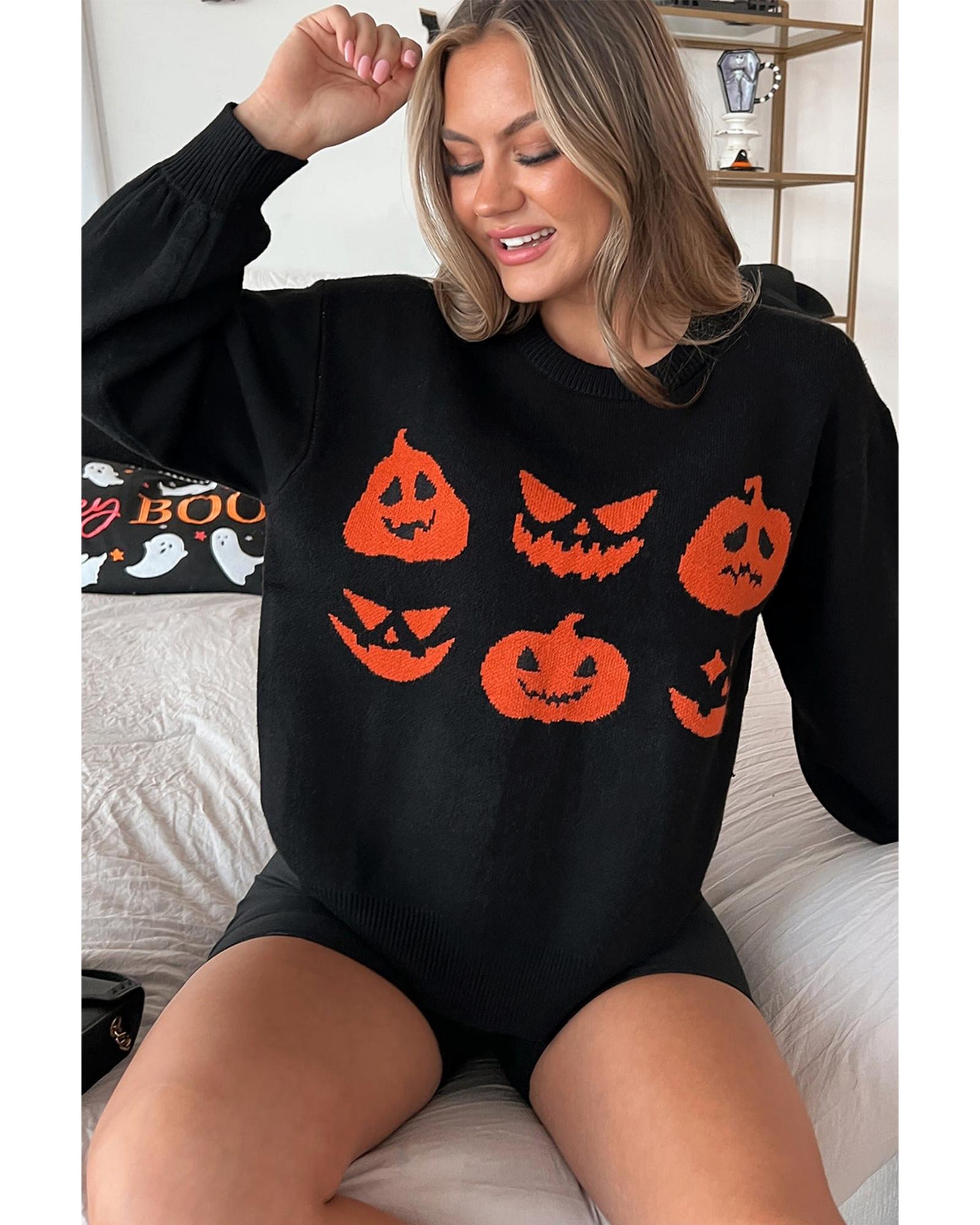 V539-AZEXDC2725572-P2-L-202508281320-06 Black Halloween Pumpkin Face Pattern Drop Shoulder Sweater - L - Image 7