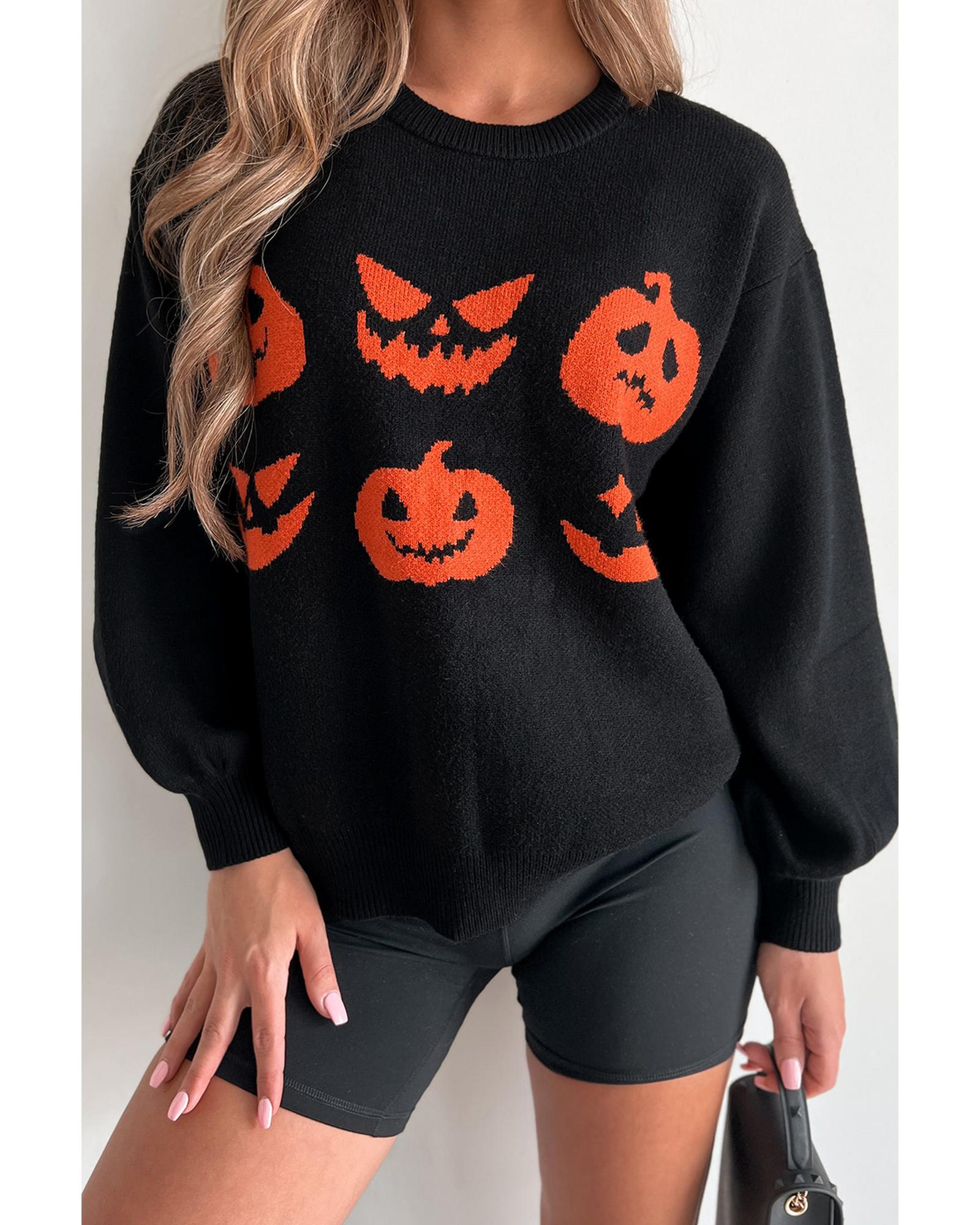 V539-AZEXDC2725572-P2-M-202508281455-07 Black Halloween Pumpkin Face Pattern Drop Shoulder Sweater - M - Image 8