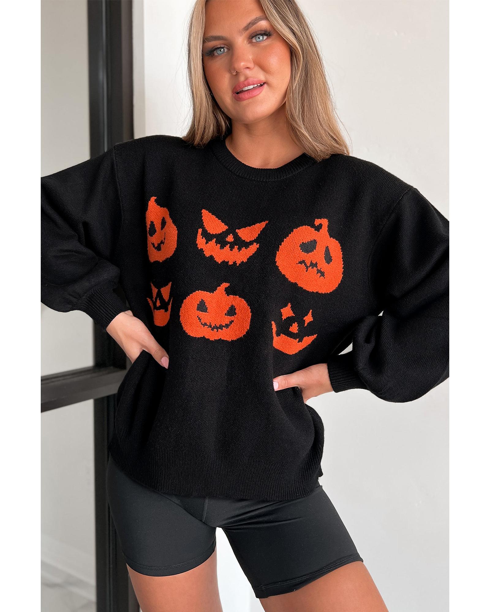 V539-AZEXDC2725572-P2-S-202506140006-02 Black Halloween Pumpkin Face Pattern Drop Shoulder Sweater - S - Image 3